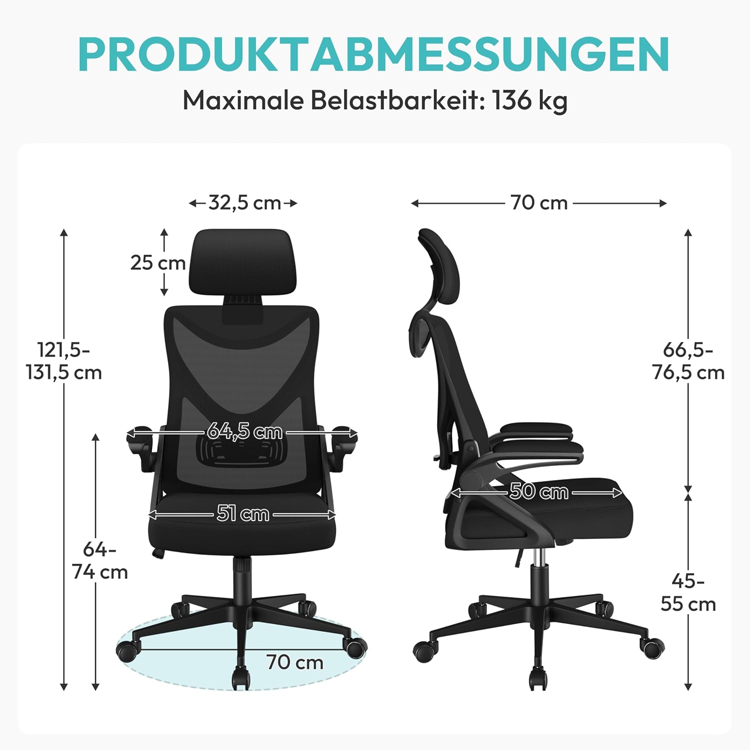Yaheetech Ergonomischer Bürostuhl, Schreibtischstuhl mit klappbaren Armlehnen, Drehstuhl mit Rückenlehne und verstellbarer Kopfstütze, Chefsessel, Wippfunktion, maximale Belastung 136 kg, Schwarz – Bild 2