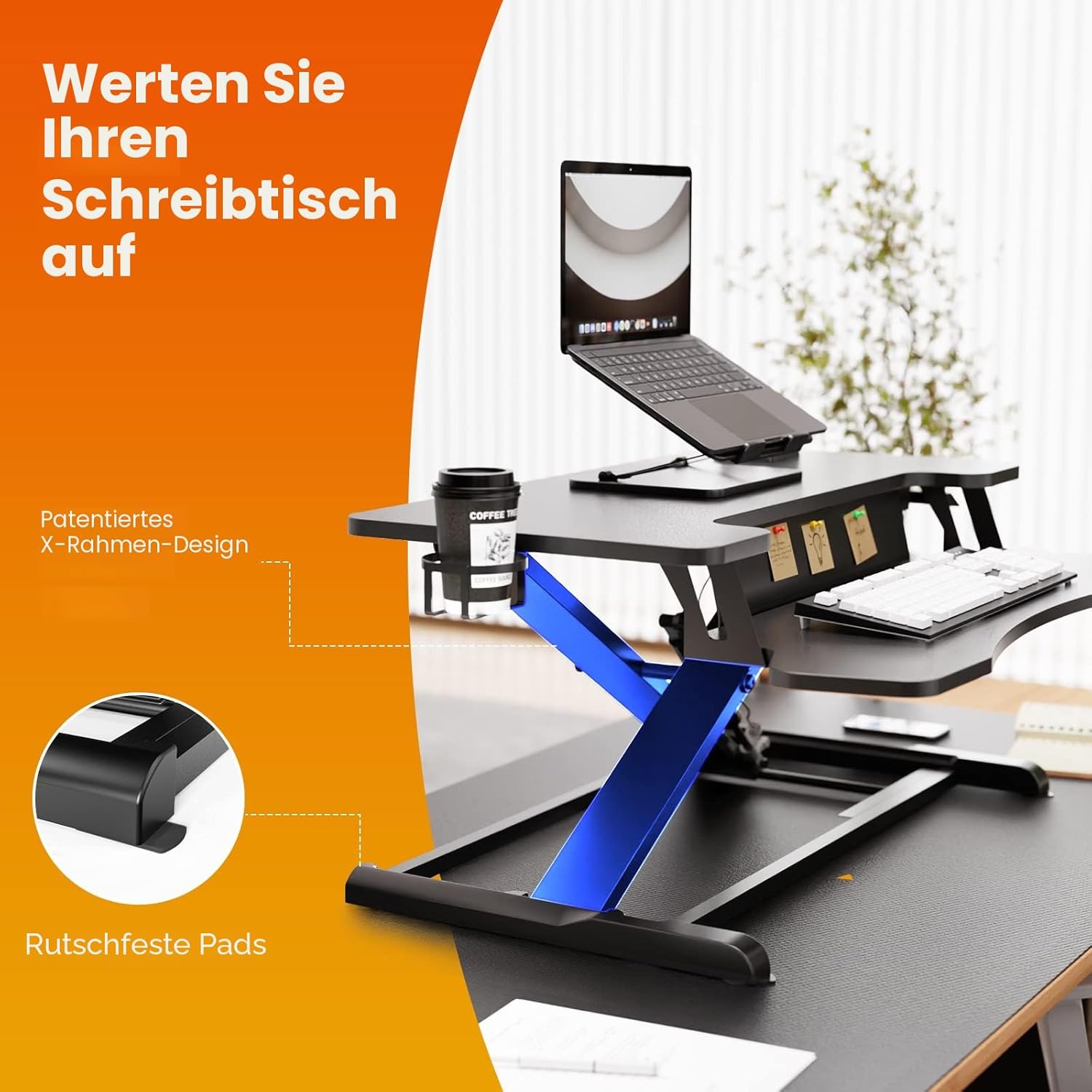 PUTORSEN Stehsitz-Schreibtisch, 32 Zoll Zweistufiger Stehpult-Konverter mit Tastaturablage, höhenverstellbarer Stehpult-Erhöhung mit Getränkehalter und Notiztafel bis 15 kg, Schwarz – Bild 4