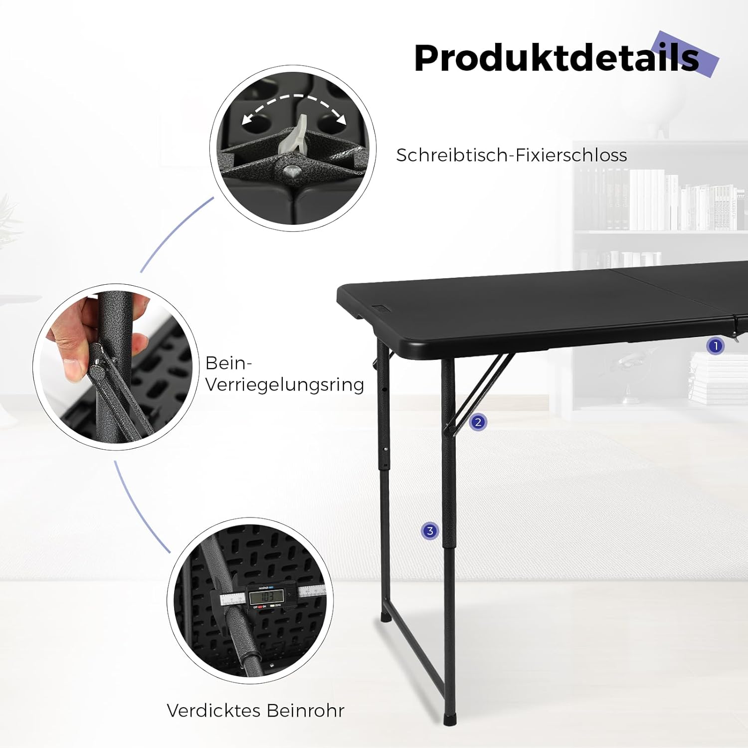 Byliable Klapptisch 120 cm, tragbar, höhenverstellbar, Campingtisch, Gartentisch, Esstisch, Partytisch, klappbar, für draußen und drinnen, Schwarz – Bild 5