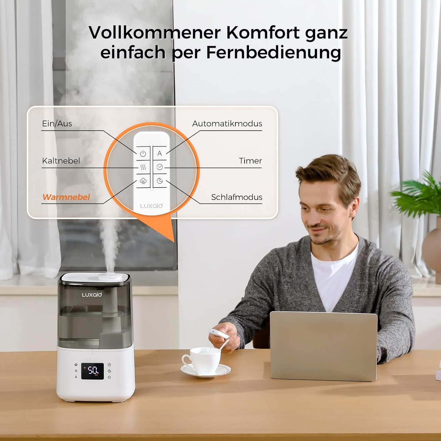 Luftbefeuchter Schlafzimmer für den 4,5L Warm- und Kaltnebel, Ultraschall Luftbefeuchter mit Fernbedienung & Hygrostat, Top-Fill,45h Laufzeit, 28dB Leise, Timer, Auto-Abschaltung, HU-802 – Bild 4