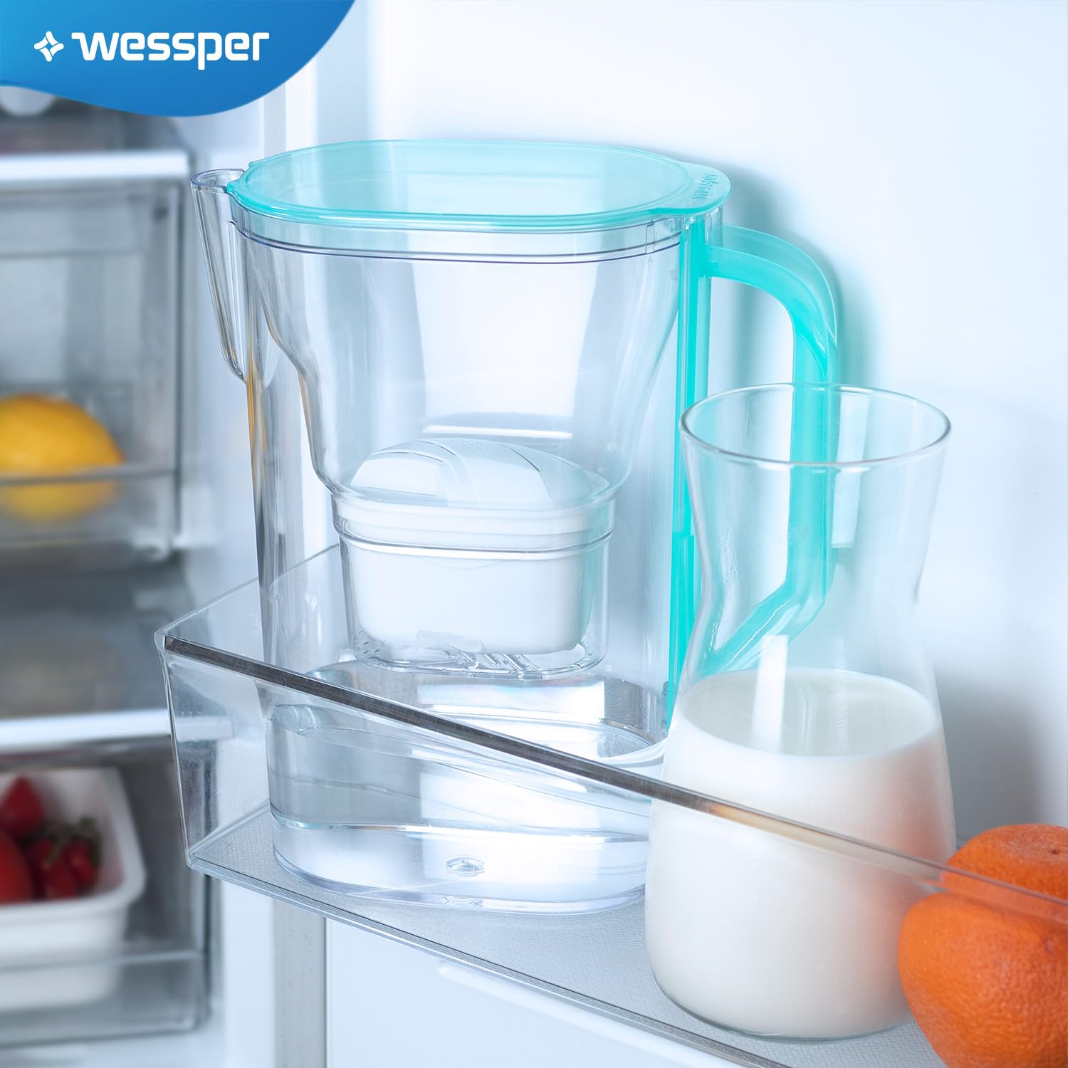 Wessper Wasserfilterkanne 2,7 l – kompatibel mit Brita Maxtra Filterkartusche – inklusive 1 Filterkartusche – reduziert Kalkablagerungen – ideal für Kühlschranktür – Mint – Bild 5