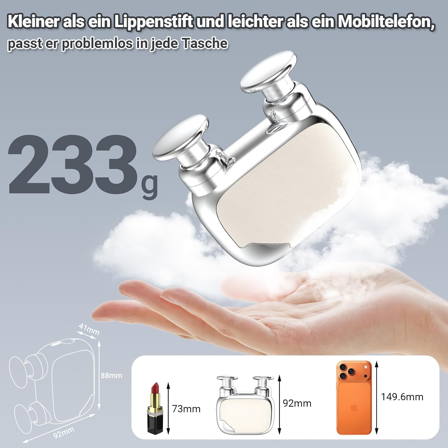 Massagepistole Mini Dual Head – Tragbares Nackenmassagegerät mit 9 mm Tiefengewebemassage, 3 Silikonaufsätzen, 3 Intensitätsstufen, Leise Mini Massage Gun (Silber) – Bild 3