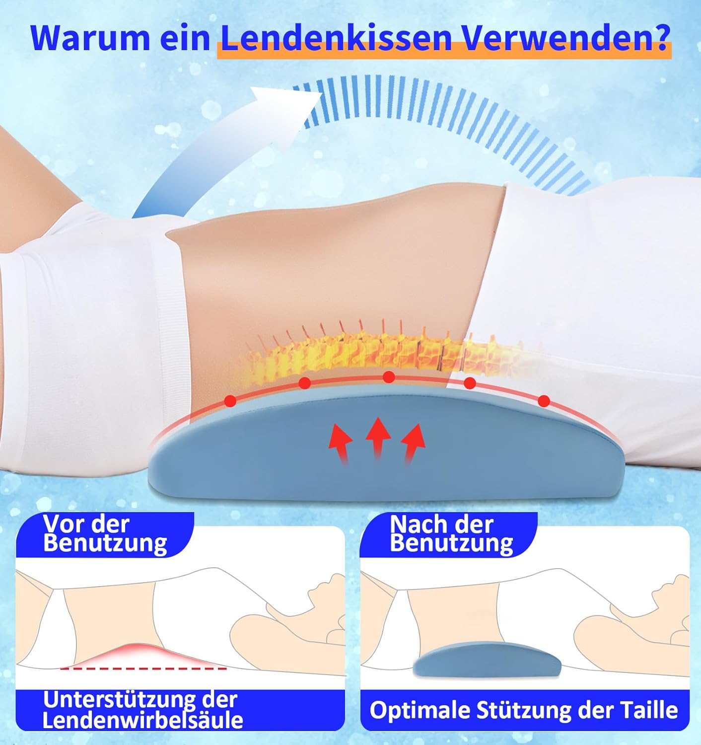 Orthopädisches Lendenkissen, ergonomische Memory-Schaum-Rücken- und Lendenwirbelstütze für Bett und Sofa – Entlastung des unteren Rückens – kühlender, abnehmbarer, waschbarer Bezug, Kissenvorlagen – Bild 3