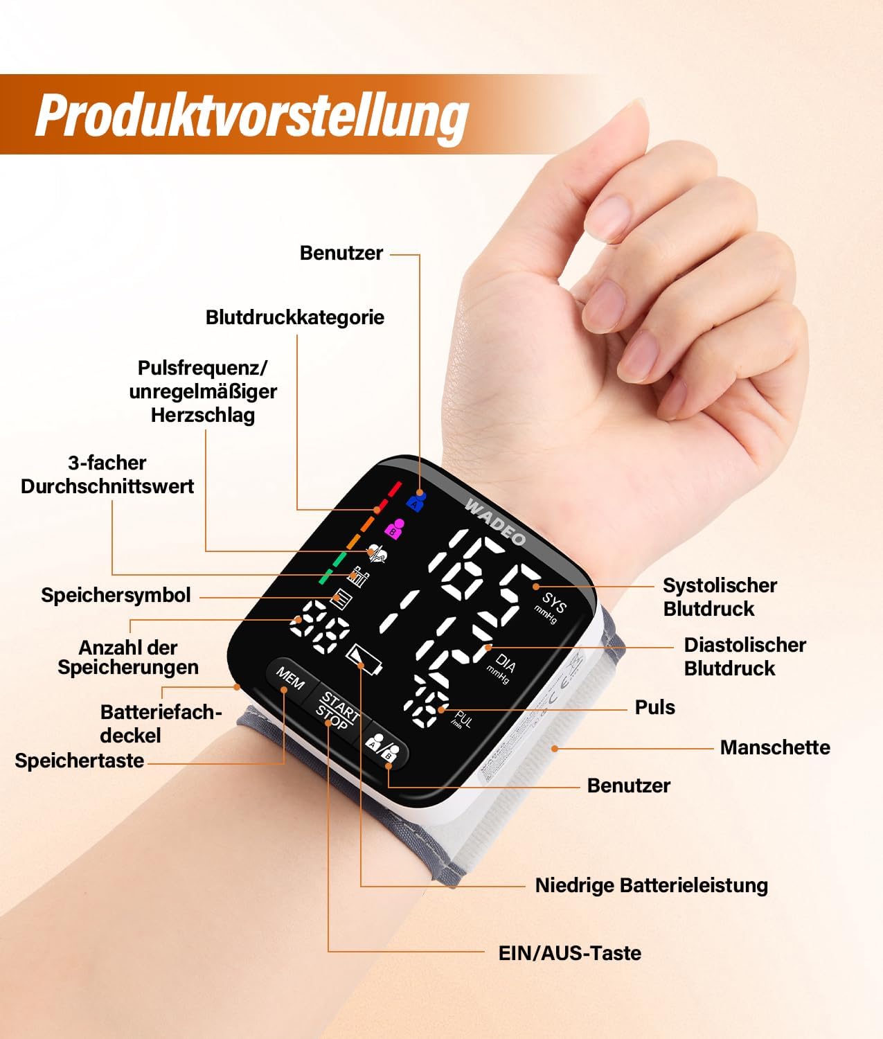 WADEO Digitales Handgelenk-Blutdruckmessgerät, 5-Sprachen-Eingabeaufforderung, Arrhythmie-Erkennung, tragbares Blutdruckmessgerät für Zuhause und unterwegs, 2 x 99 Speicher, mit Batterien und Aufbewahrungsbox – Bild 2