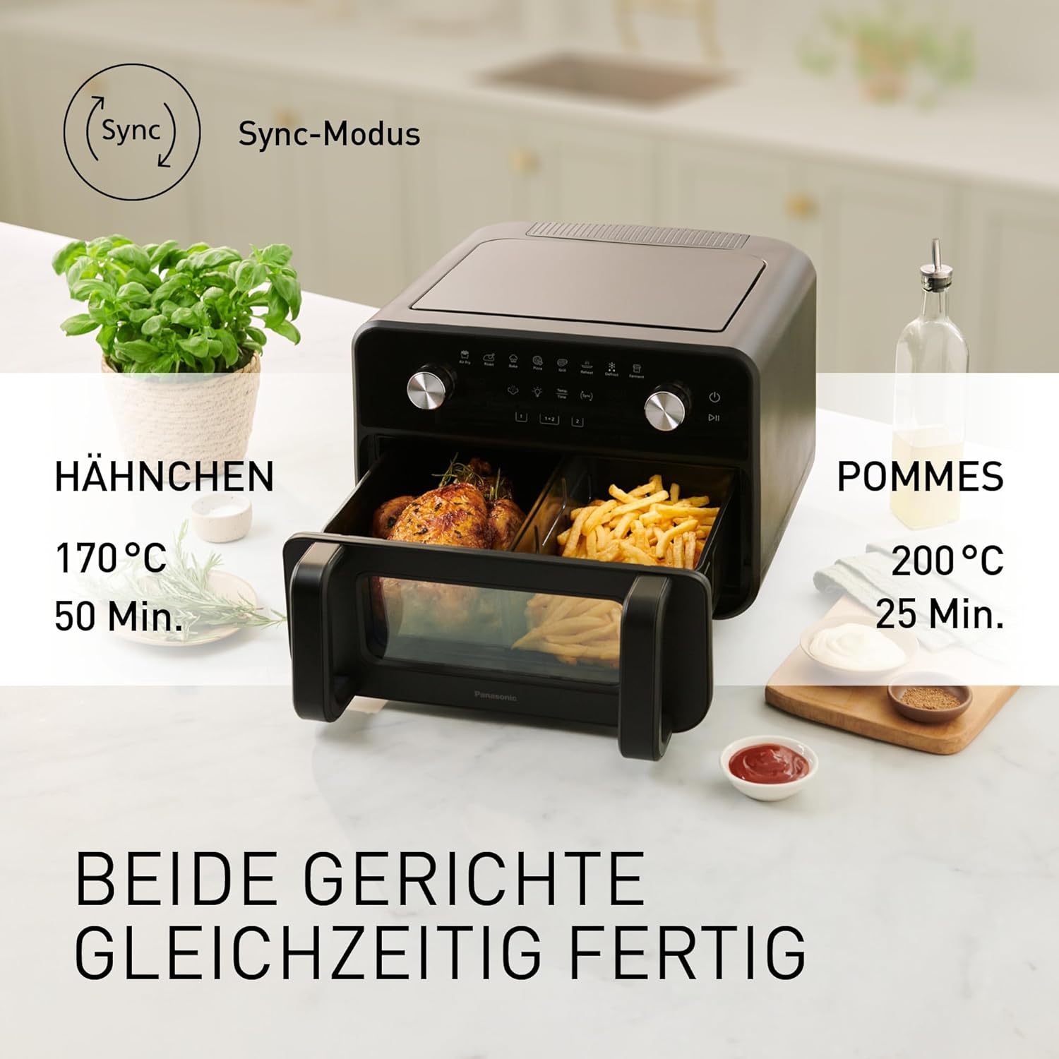 Panasonic NF-BC1000 Flex Heißluftfritteuse mit Sichtfenster, XL flexibler Garkorb, herausnehmbare Trennwand für 2 Kochzonen, 9,6 Liter, 30–230 °C, sanfter Dampf, 8 Voreinstellungen, leicht zu reinigen, Schwarz – Bild 4