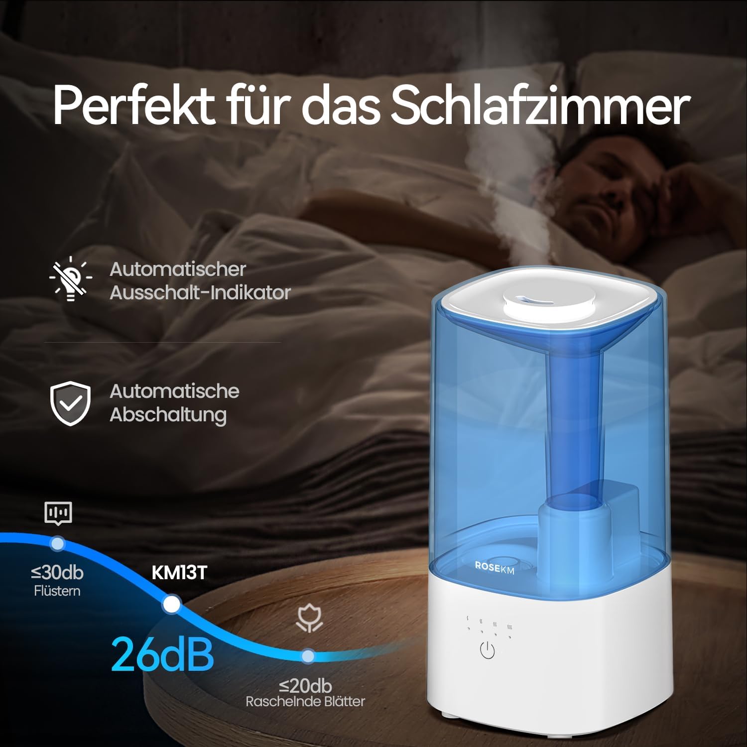 Roeskm Luftbefeuchter für Schlafzimmer, kühlender Nebel-Luftbefeuchter für Zuhause, Pflanzen und Babyzimmer, leise, auf Ultraschallbasis, mit 360°-Düse, automatische Abschaltung, kein Filter, blau – Bild 3