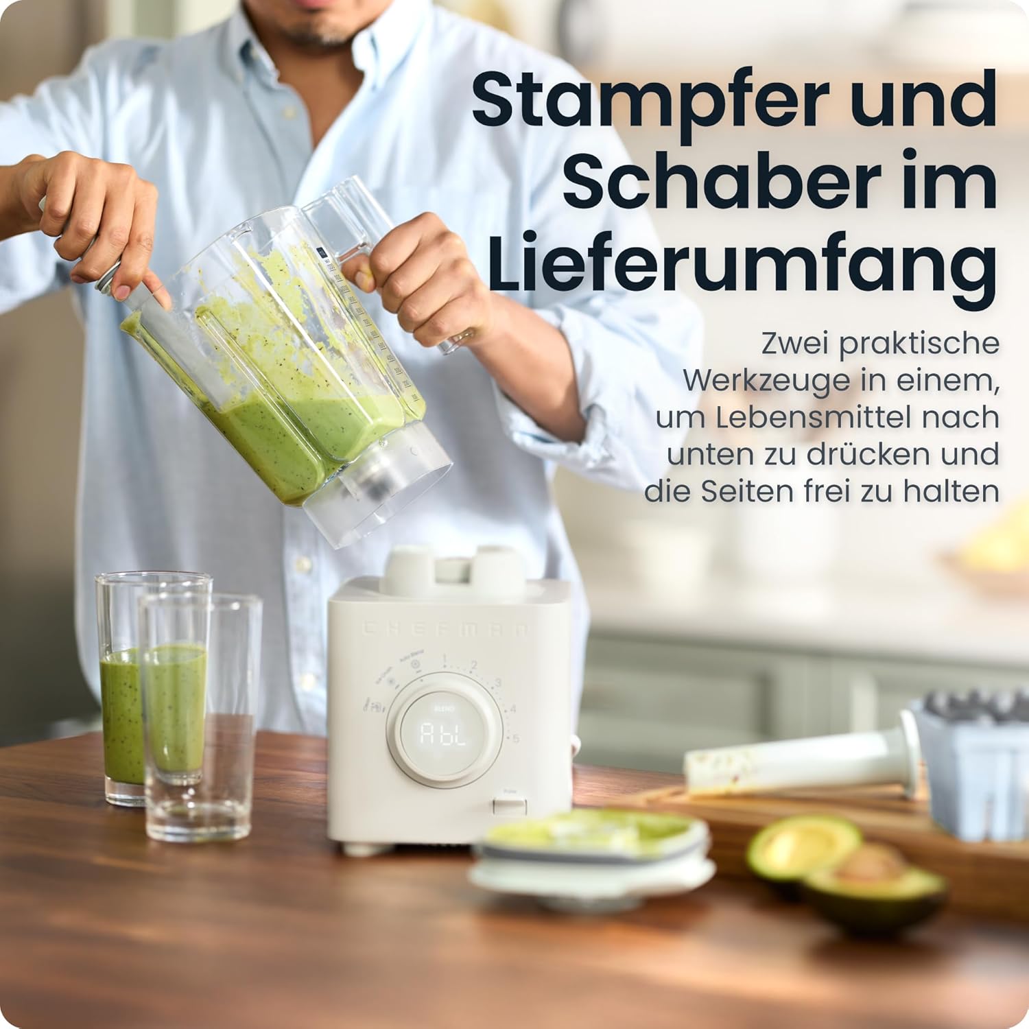Chefman Obliterator 1,2-l-Mixer für Smoothies, 1350-W-Motor zum Zerkleinern von Eis, Nüssen und gefrorenen Früchten mit Edelstahlklinge, automatische Mischfunktion, inklusive 600-ml-Reisebehälter – Betongrau – Bild 6