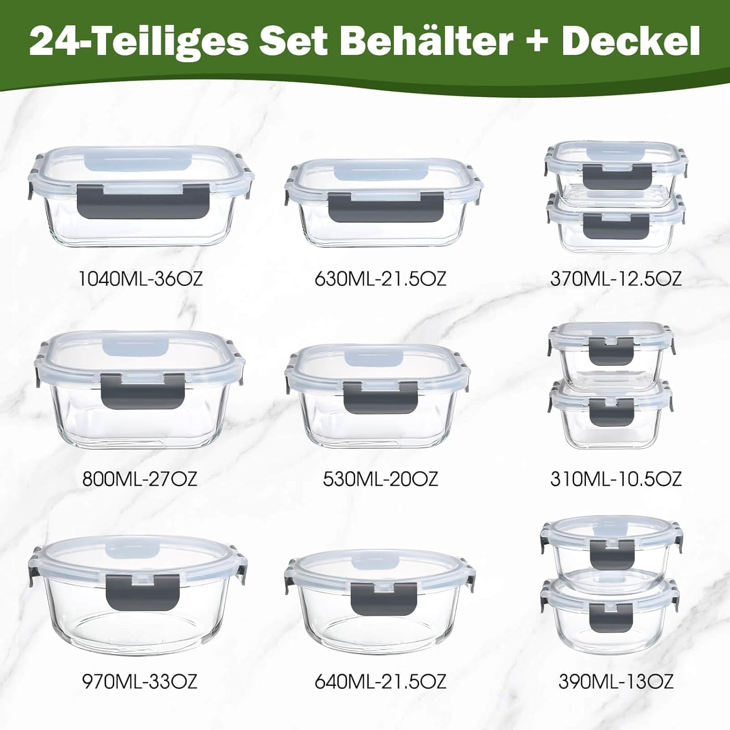 YASHE Glasbehälter mit Deckel, 12 Stück, stapelbare und luftdichte Meal-Prep-Boxen, Glas für spülmaschinenfeste, mikrowellen- und gefriergeeignete, auslaufsichere, BPA-freie Glasbehälter mit Deckel-Set – Bild 2