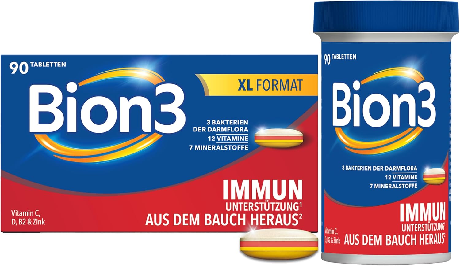 Bion3 Immune (1) Tabletten, Multivitamin-Nahrungsergänzungsmittel zur Immununterstützung (1) mit Vitamin C, Vitamin D, Zink & Eisen, sowie Bakterienkulturen, 90 Tabletten, 1 Monatsvorrat