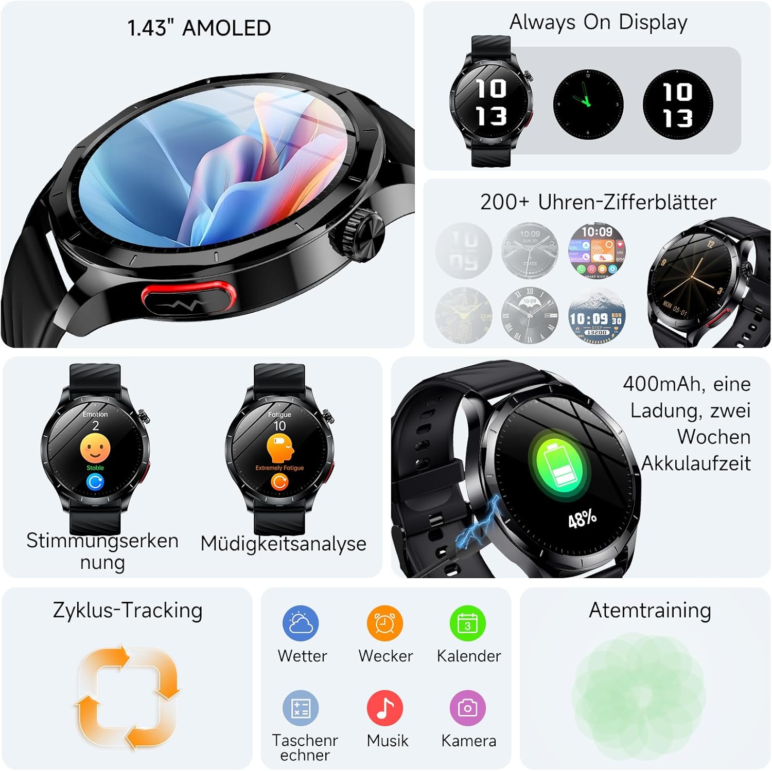 2026 Herren Smartwatch mit EKG/HRV/BMI/Harnsäure, 1,43 Zoll AMOLED Gesundheitsuhr mit 24H SpO2 Apnoe Schlafmonitor SOS Notruf Fitnessuhr für Android/iOS – Bild 7