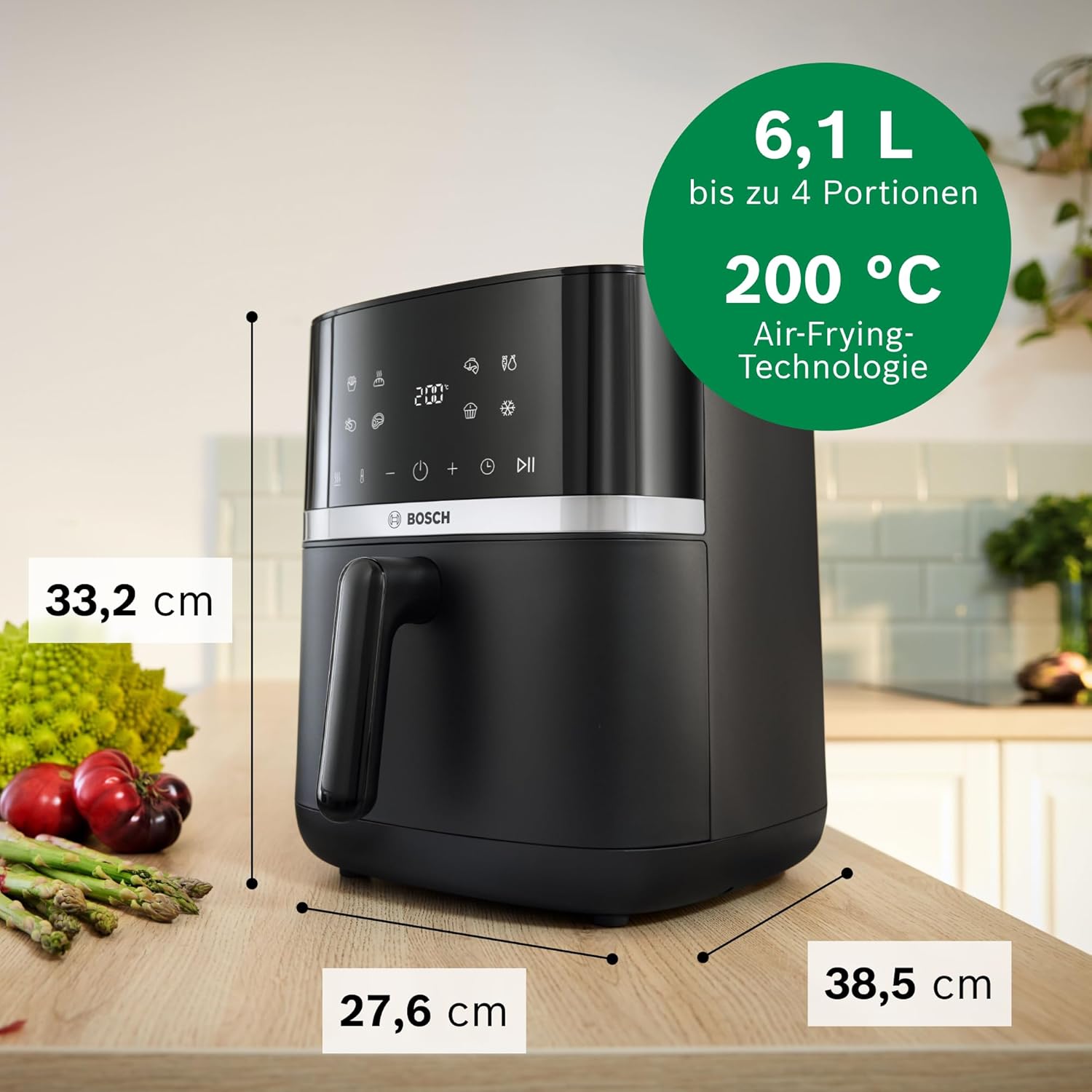 Bosch Heißluftfritteuse Serie 4, XL-Luftfritteuse, Schwarz, 6,1 l Fassungsvermögen, 7 Voreinstellungen, Auftau- und Warmhaltefunktion, Touchscreen, bis zu 60 % schnelleres Garen, MAF462B0 – Bild 2