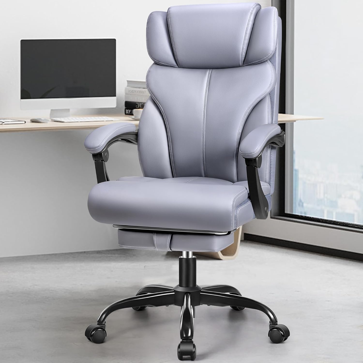 FelixKing Leder-Bürostuhl, Chefsessel, ergonomischer hoher Bürostuhl, bequemer Drehstuhl mit verstellbarer hoher Fußstütze für Heimspiele (Mattgrau)