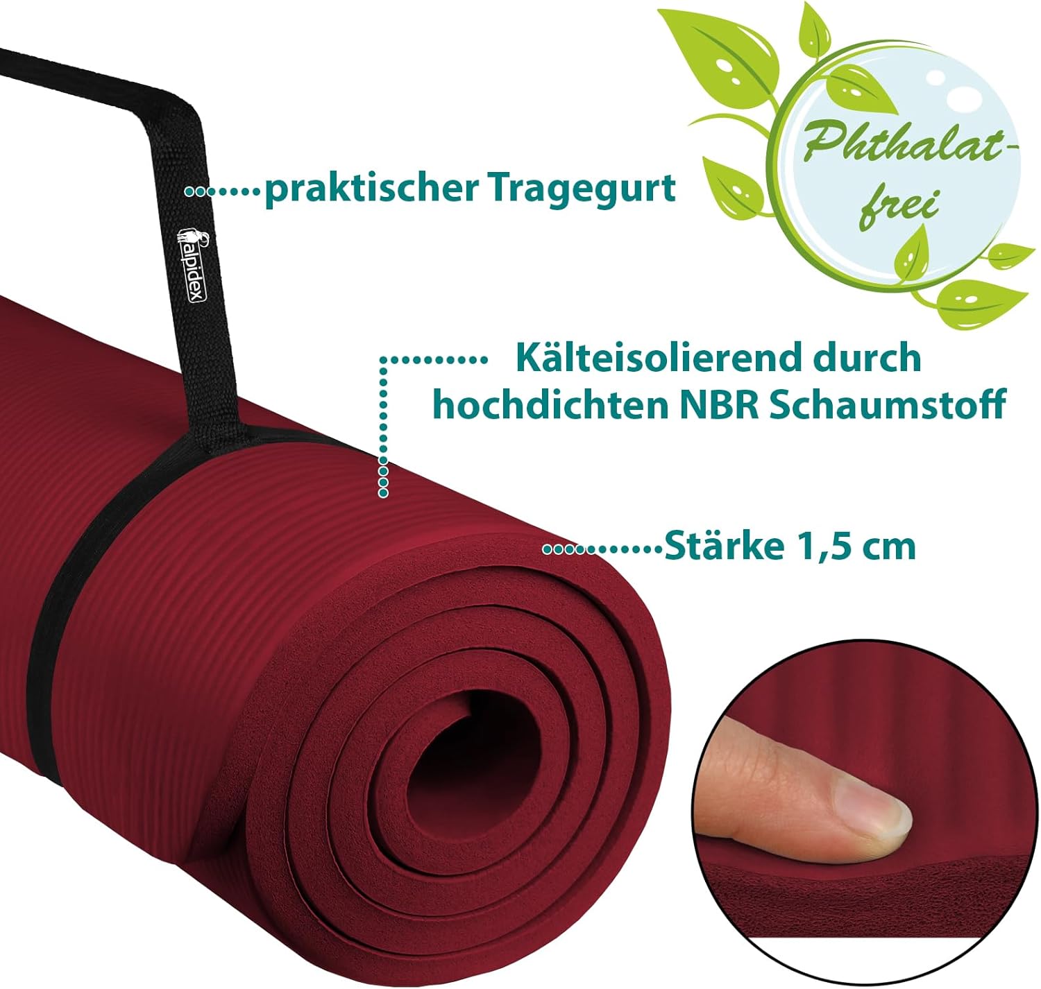 ALPIDEX Yogamatte extra dick 1,5 cm, Gymnastikmatte, 3 Größen, E-Book, rutschfest, phthalatfrei, Fitnessmatte, Gymnastik, Pilates, Sport, Physio, HIIT, Yoga, Trainingsmatte, Schlafmatte – Bild 5