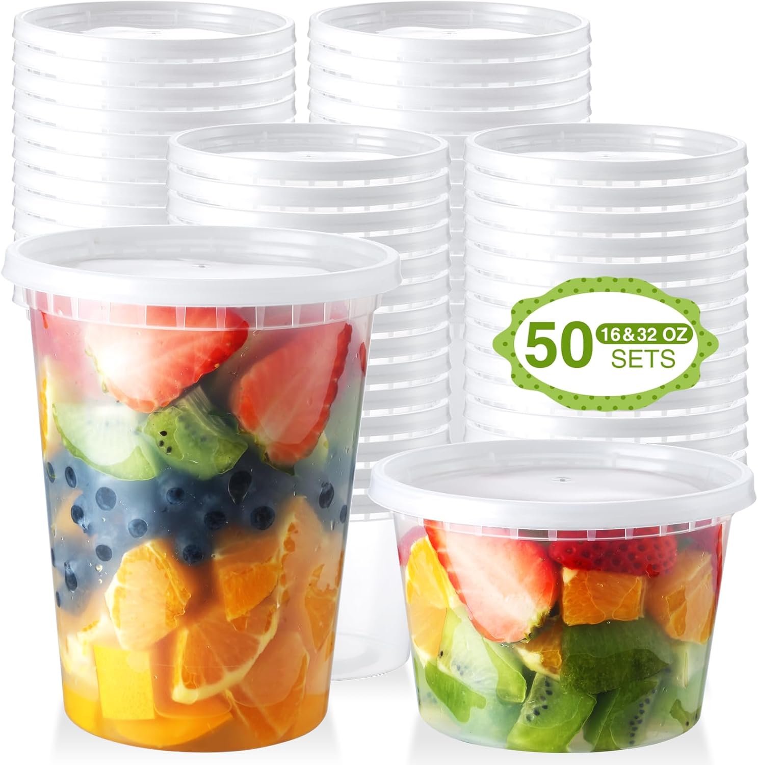 Eupako Packung mit 50 Feinkostbehältern mit Deckel (16 oz & 32 oz Combo) – Meal-Prep-Boxen, mikrowellen- und gefriergeeignete Aufbewahrungsboxen aus Kunststoff, lückenlos und auslaufsicher für Lunchboxen und Lebensmittel zum Mitnehmen