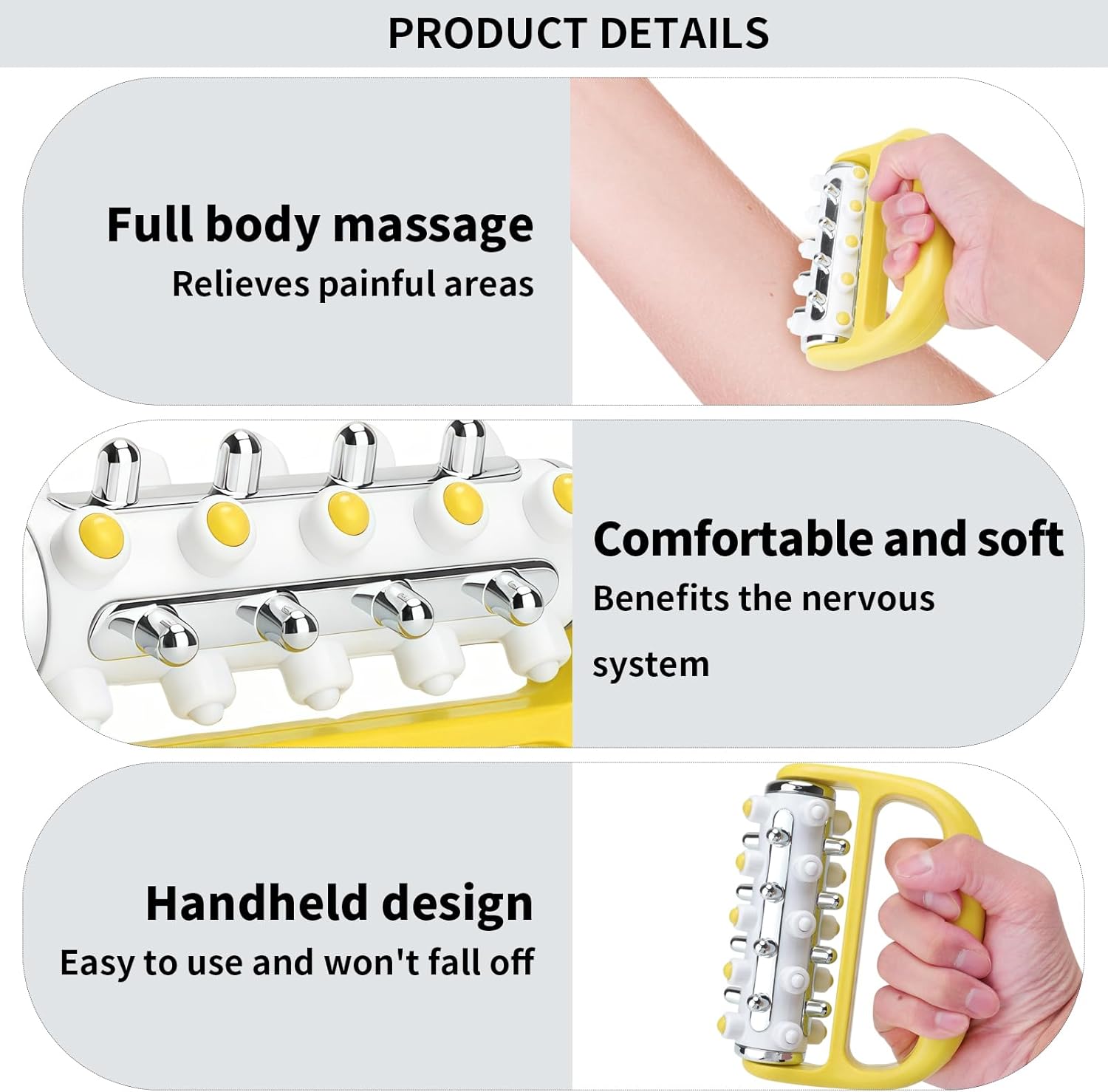 Massageroller, handgehaltenes Lymphdrainage-Massagegerät mit Massagerolle für Beine, Arme und Rücken – leichtes manuelles Massagegerät zur Revitalisierung für Beine, Füße, Arme und Rücken (gelb) – Bild 3