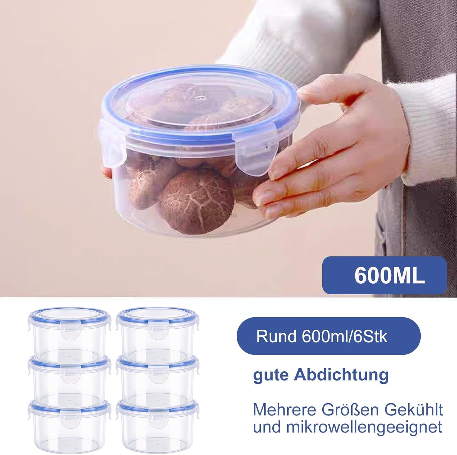 Frischhaltedosen mit Deckel, 6 Stück, 600 ml, luftdichte Frischhaltedosen, stapelbare runde Meal-Prep-Boxen, wiederverwendbare Kunststoffschüssel, luftdicht, auslaufsicher, Gefrierbehälter-Set (6 Behälter + 6 Deckel) – Bild 3