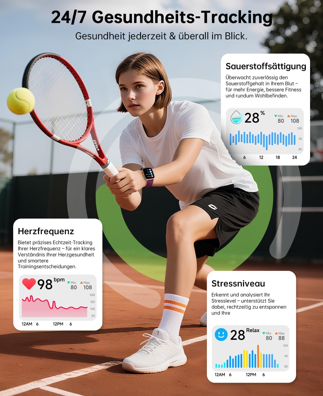 Damen Smartwatch mit Telefonfunktion 1,85 Zoll 2 Armbänder Fitnessuhr Fitnesstracker Herzfrequenz/SpO2/Schlaf/IP68 Wasserdicht Sportuhr Schrittzähleruhr für Samsung Android iOS Lila – Bild 3
