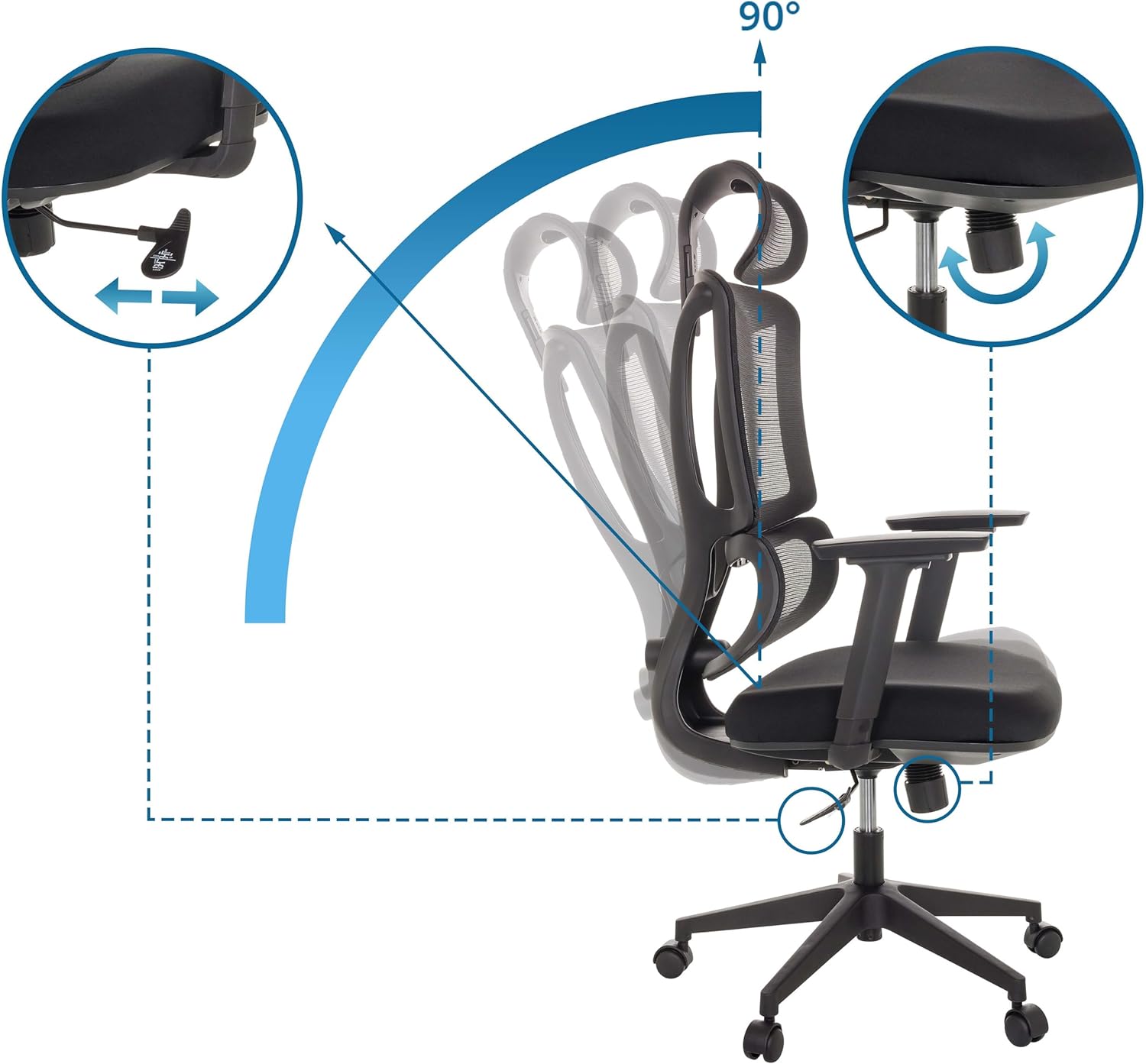 Ergomy Ergonomischer Bürostuhl mit Lordosenstütze, Kopfstütze, Chefdrehstuhl mit Netzrückenlehne, Stoff, Schwarz – Bild 4