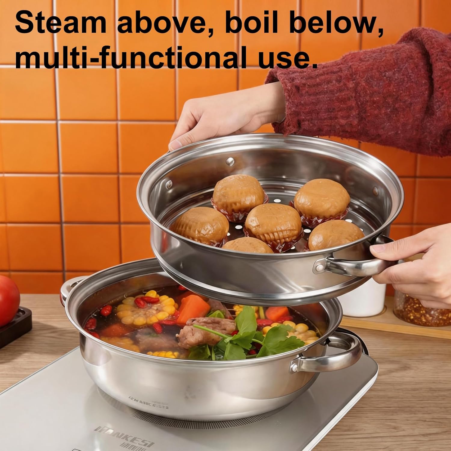 Dampfgarer zum Kochen, 28 cm Edelstahl-Dampfgarer mit 4 x Dampfgareinsätzen, Glasdeckel und Dampfclip, für alle Herdarten, Dampfgartopf zum Kochen von Gemüse, Meeresfrüchten, Suppen, Eintöpfen und Nudeln – Bild 6