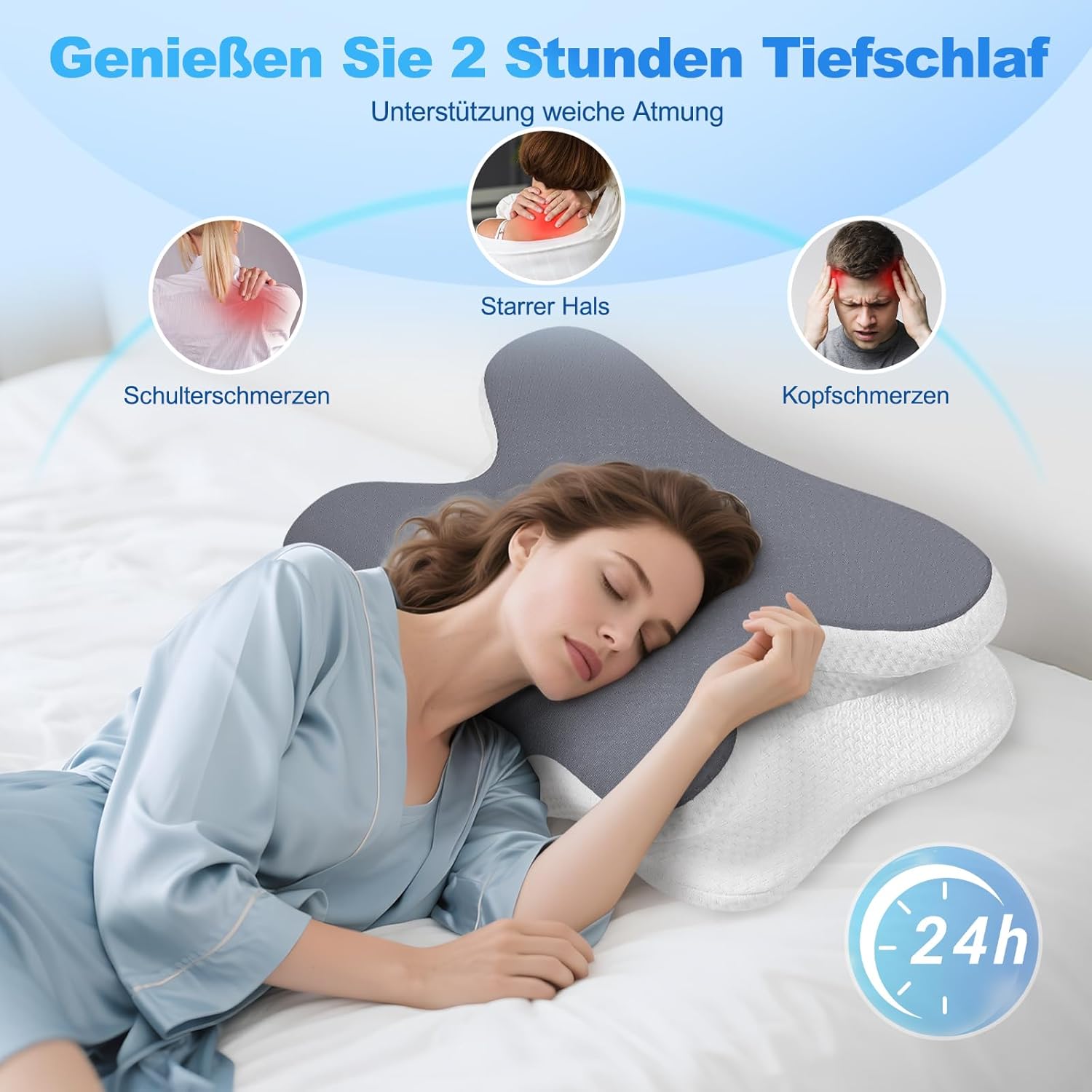 Nackenkissen – Orthopädisches Memory-Schaum-Kissen – ergonomisches Kissen gegen Nackenschmerzen für Seitenschläfer, Rückenschläfer und Bauchschläfer mit Bezug aus Eisseide (dunkelgrau) – Bild 9