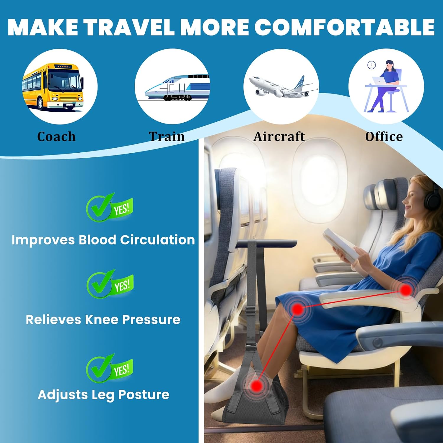 Flugzeug-Fußstütze, tragbare verstellbare Reise-Fußhängematte, aus Memory-Form, rutschfest, atmungsaktiv, maximale Belastung 40 kg, ergonomische Fußstütze für Reisen, Büro und Zuhause – Bild 5