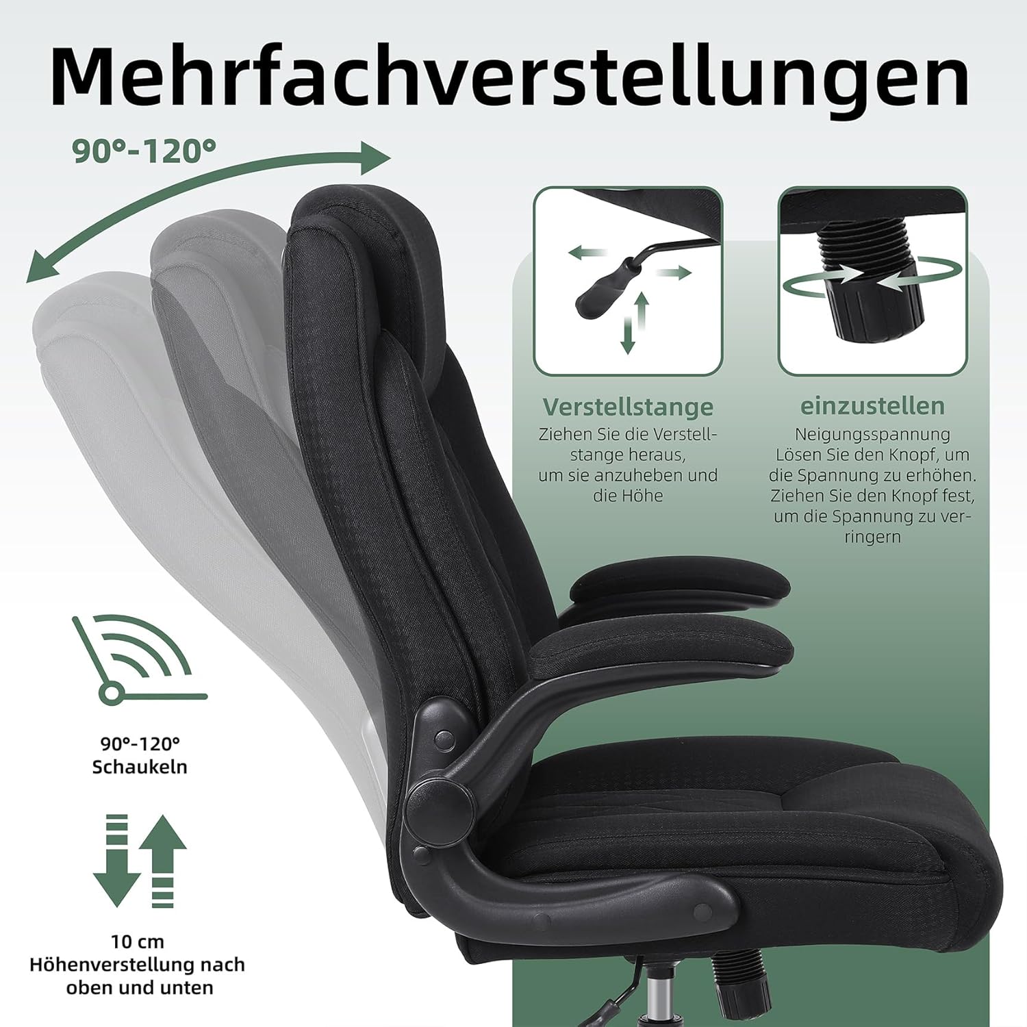 Youhauchair Ergonomischer Bürostuhl, Schreibtischstuhl mit hoher Rückenlehne und höhenverstellbar, Drehstuhl mit Kopfstütze, bequem, Chefsessel für Büro, Schwarz – Bild 4