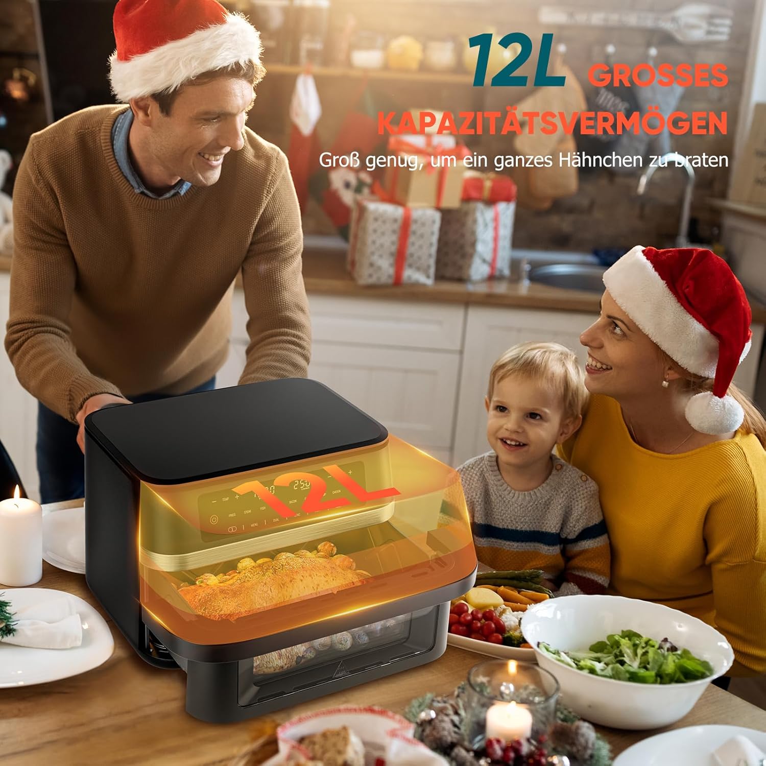 Heißluftfritteuse mit Sichtfenster, 12 l Fassungsvermögen, XXXL verstellbarer Airfryer, 10-in-1 voreingestellte Programme, Touchscreen, intelligente Synchronisation und Timer, energiesparend, Fritteuse ohne Öl – Bild 7