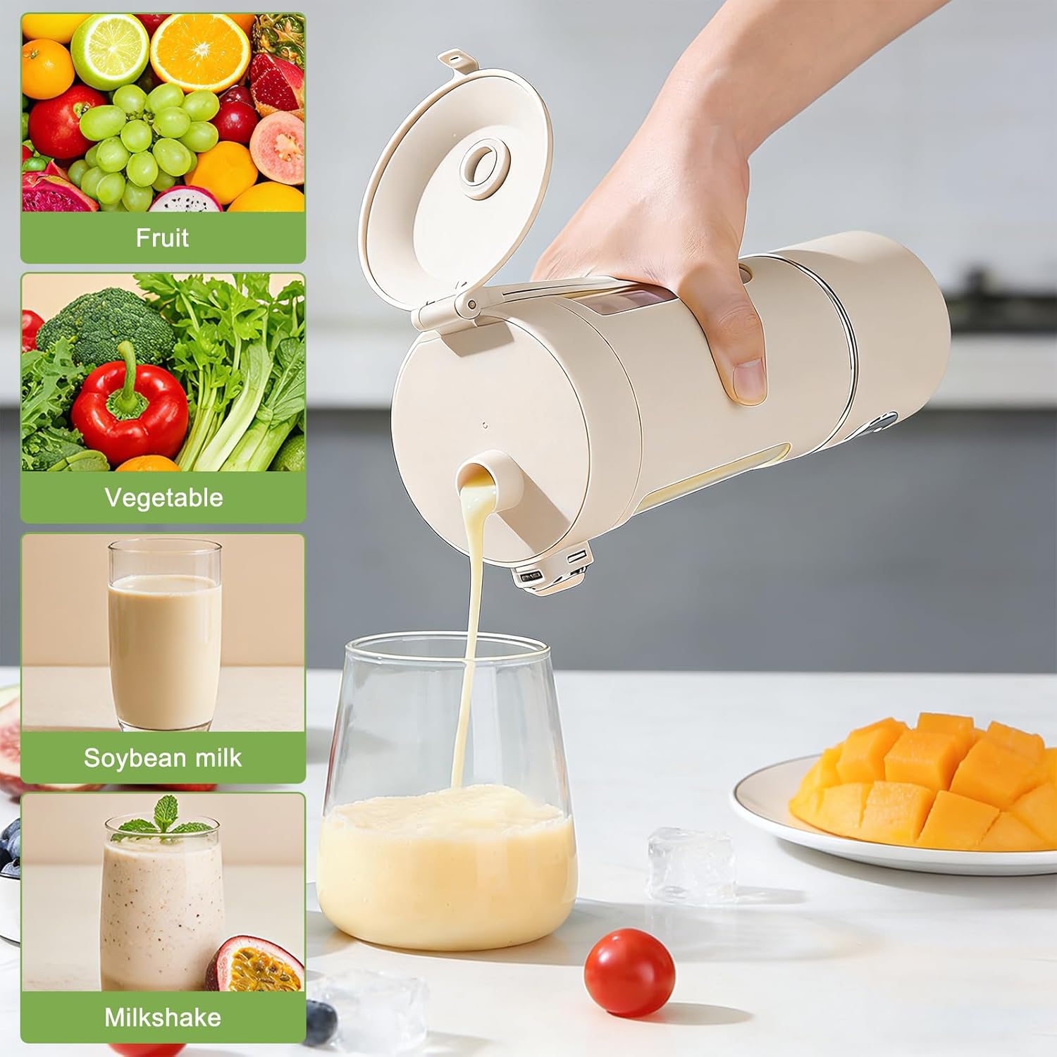 Tragbarer Mixer Smoothie Maker, 700 ml kleiner Entsafter, Typ-C wiederaufladbar, mit 12 rostfreien Klingen, Becher mit auslaufsicherem Deckel & Trinkloch, für Milchshake, Saft, Smoothie (Beige) – Bild 6