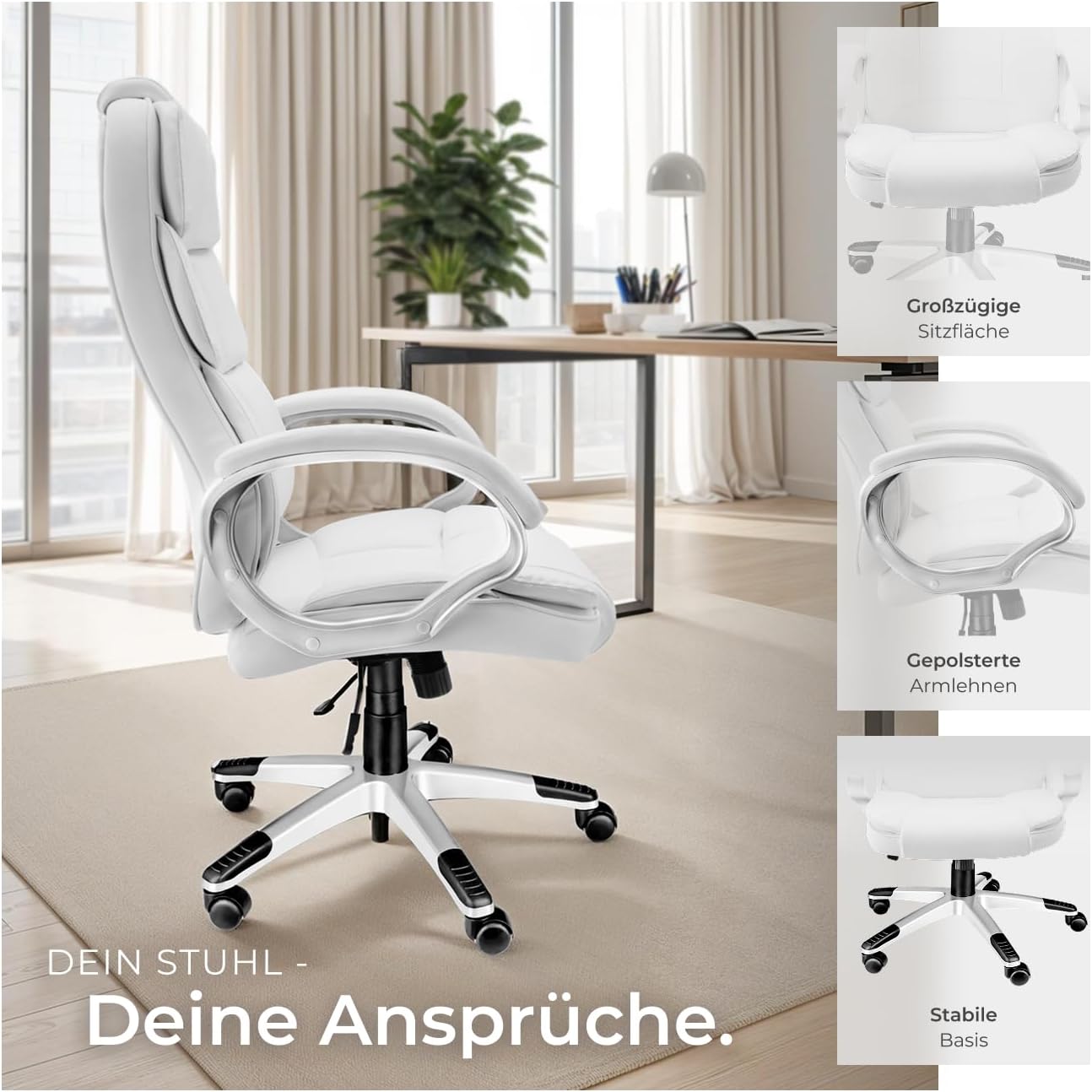 tectake Chefbürostuhl mit 12 cm Polsterung, Schreibtischstuhl mit Armlehnen und Wippfunktion, ergonomischer Bürostuhl höhenverstellbar, PC-Stuhl, Drehstuhl mit Rollen in Lederoptik – Weiß – Bild 7