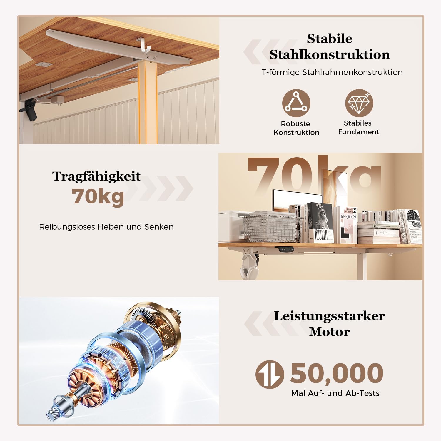 Klicelor Höhenverstellbarer Schreibtisch 160 x 90 cm, elektrischer Stehsitz, Bürotisch, Computertisch mit 2 Memory-Funktionen, Stehpult, für Heimbüro und Büro, hellbraun – Bild 4