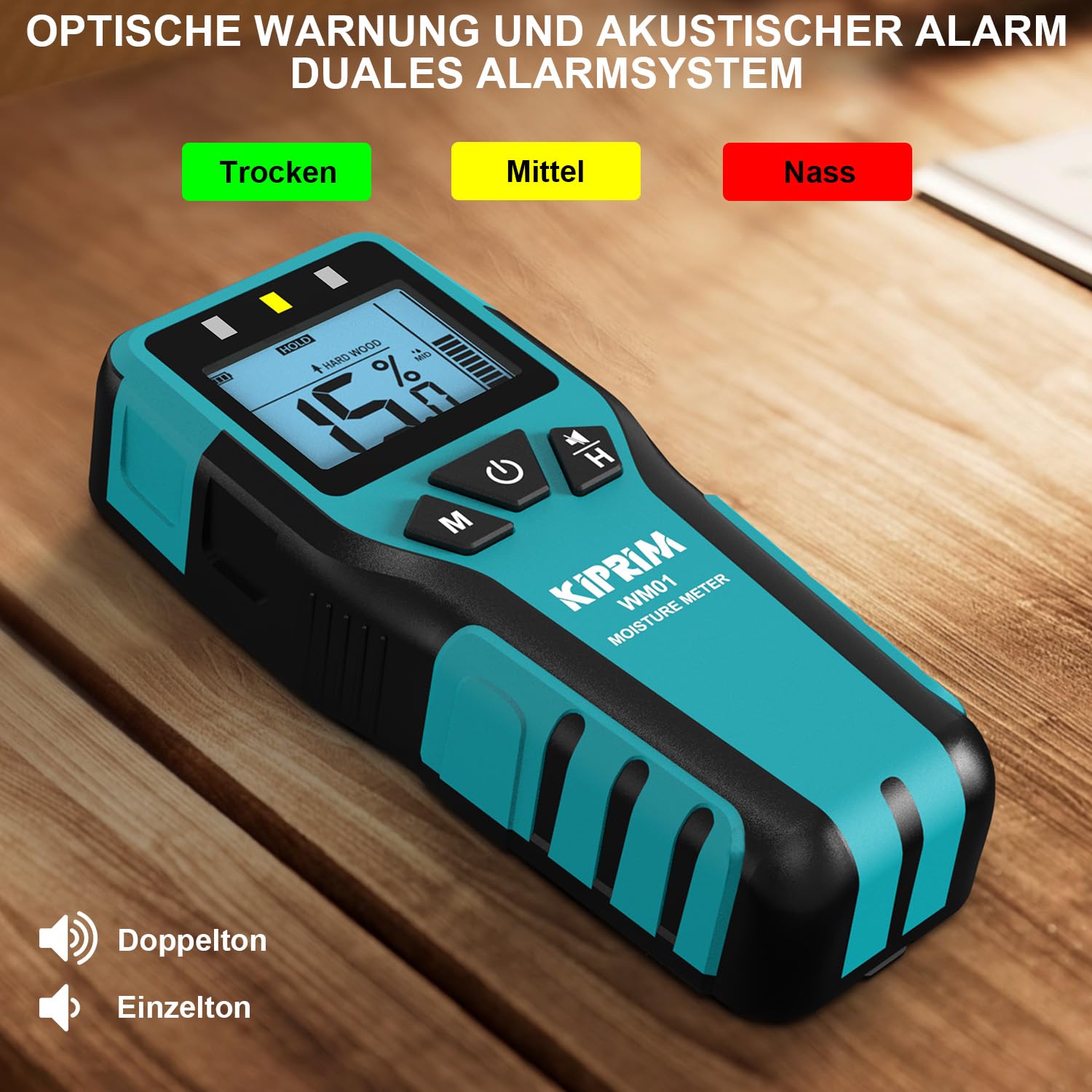 Kiprim WM01 Pinless Wandfeuchtemessgerät für Holz, Wände, Mauerwerk – Präzise zerstörungsfreie Messung mit 4 Modi, Datenspeicherung und Stummschaltung – Bild 4