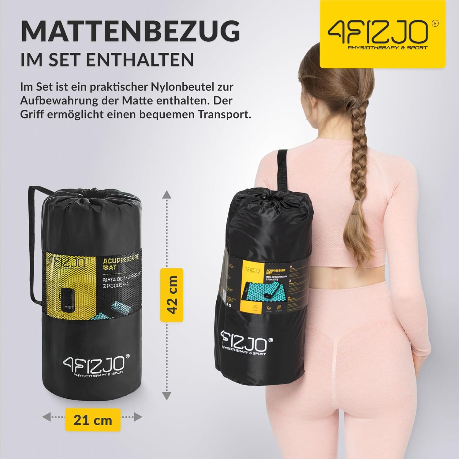 4FIZJO Akupressurmatte & Kissen, 68x42x2 cm, mit Tragetasche, Polyurethanschaum, Hypoallergen, 9618 Stacheln, Massagematte für bessere Durchblutung, Muskeln Entspannung, Farbe: Schwarz und Blau – Bild 6