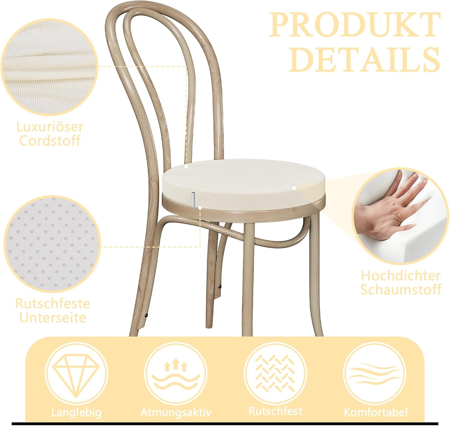 Rundes Stuhlkissen-Set (2, Beige) 35 x 35 x 5 cm – Sitzkissen aus hochdichtem Schaumstoff für Küchenstuhl, Gartenstuhl – waschbarer Bezug für drinnen und draußen – Bild 2