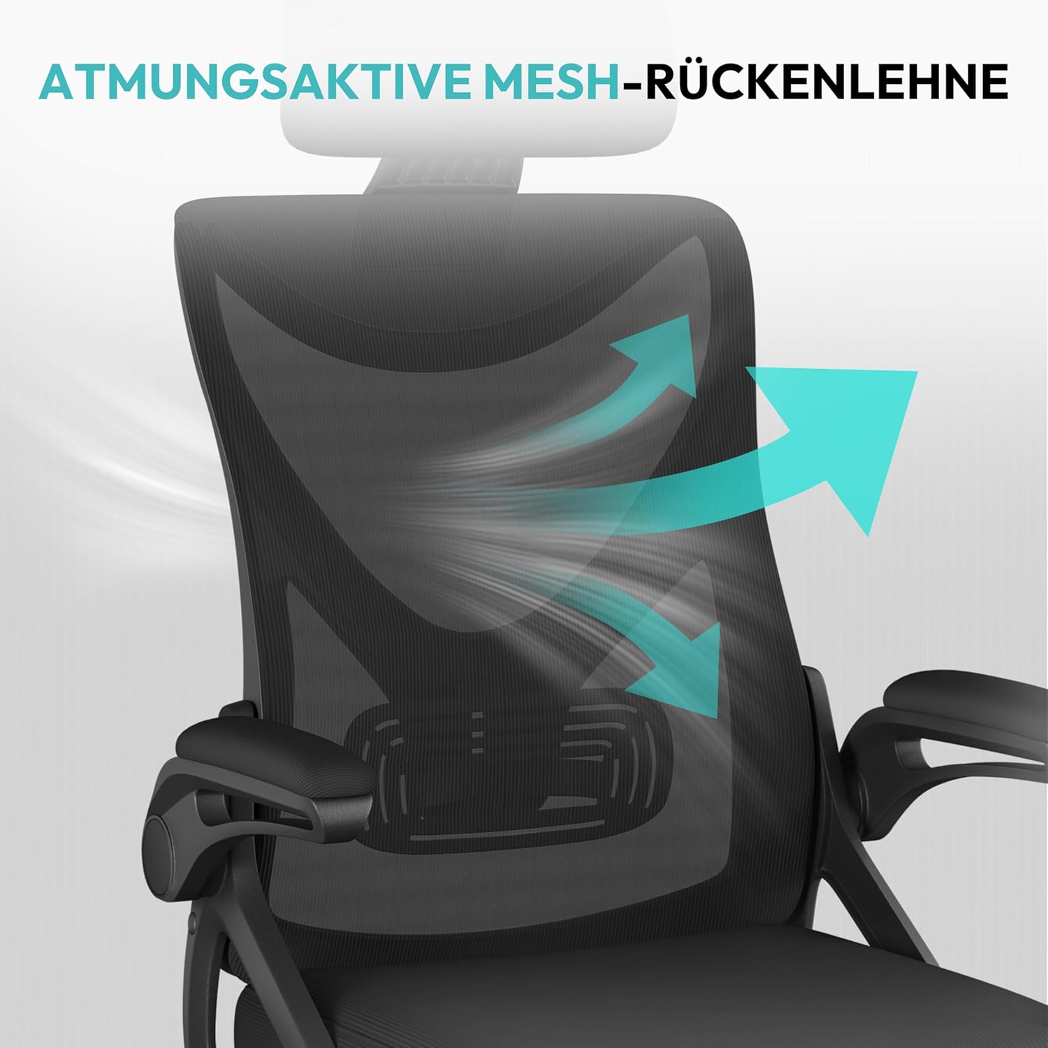 Yaheetech Ergonomischer Bürostuhl, Schreibtischstuhl mit klappbaren Armlehnen, Drehstuhl mit Rückenlehne und verstellbarer Kopfstütze, Chefsessel, Wippfunktion, maximale Belastung 136 kg, Schwarz – Bild 6