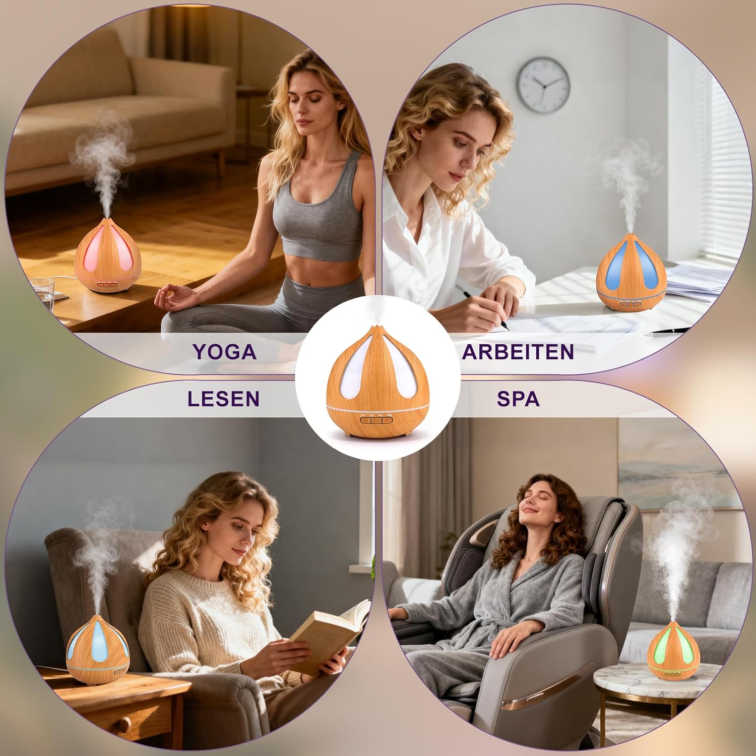 GuKKK Aromadiffusor, 500 ml Ultraschall-Luftbefeuchter mit Fernbedienung, Aromatherapie-Düfte Luftbefeuchter, 7 Farben LED, Fernbedienung mit Timer-Einstellung, für Schlafzimmer, Büro (Helle Holzfarbe) – Bild 8
