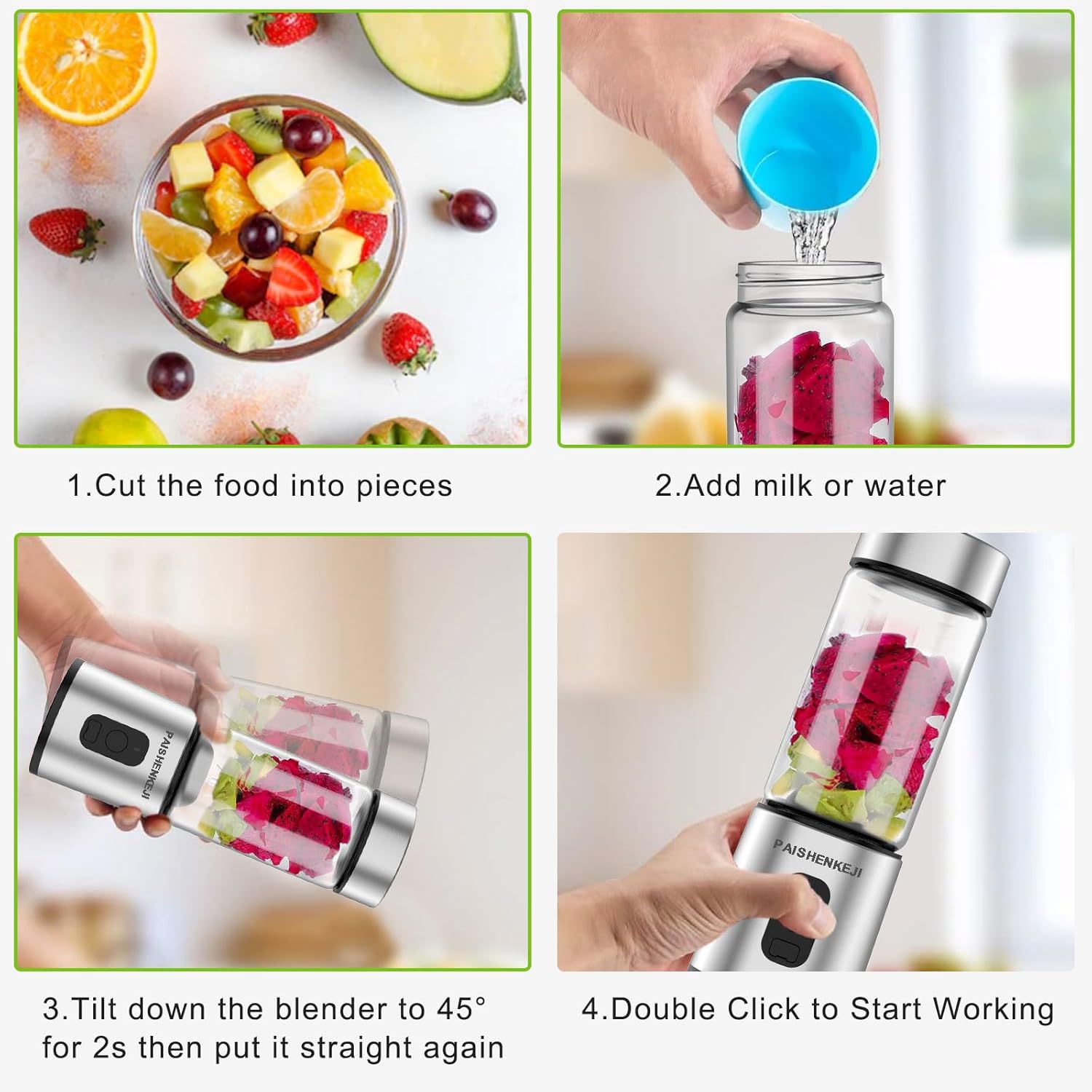 Glas-Smoothie-Maker Mini-Mixer – Standmixer, tragbarer Mini-Mixer, 400 ml Smoothie-Maker für unterwegs, persönlicher USB-Smoothie-Mixer zum Zerkleinern von Eis und gefrorenen Früchten – Bild 6