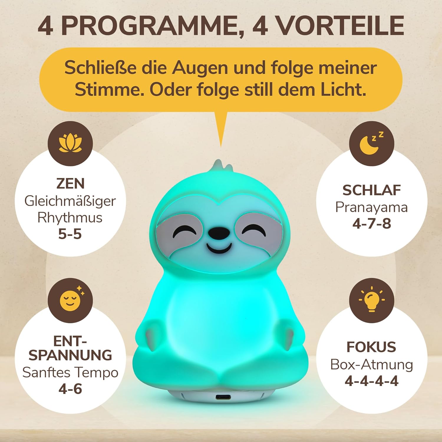Atemtrainer mit Licht- und Sprachführung – fördert Schlaf, Konzentration, Entspannung und Wohlbefinden – 4 Achtsamkeitsmodi – Audio-Anleitung auf Deutsch – wiederaufladbar – Bild 3