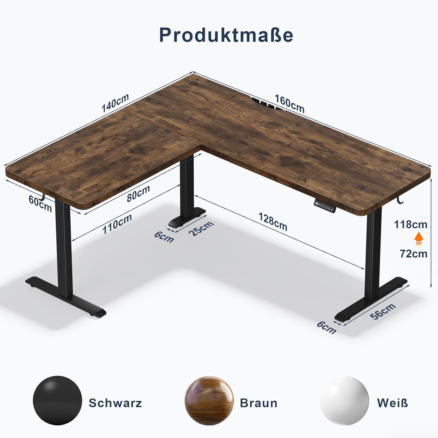 JUMMICO Eckschreibtisch, höhenverstellbar mit 3 Ablagehöhen, 160 x 140 cm, L-förmiger höhenverstellbarer Schreibtisch mit Kabelkanal und 2 Haken, ergonomischer Computertisch für das Home Office, braun – Bild 2
