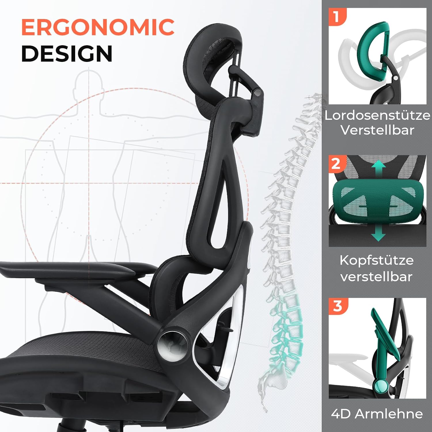 CAPOT Ergonomischer Bürostuhl aus Netzstoff, verstellbarer Schreibtischstuhl mit hoher Rückenlehne, 180 kg, 4D-Klapparme, 3-stufige neigbare Rückenlehne, 3D-Kopfstütze, PU-Räder, drehbarer Computerstuhl für – Bild 9