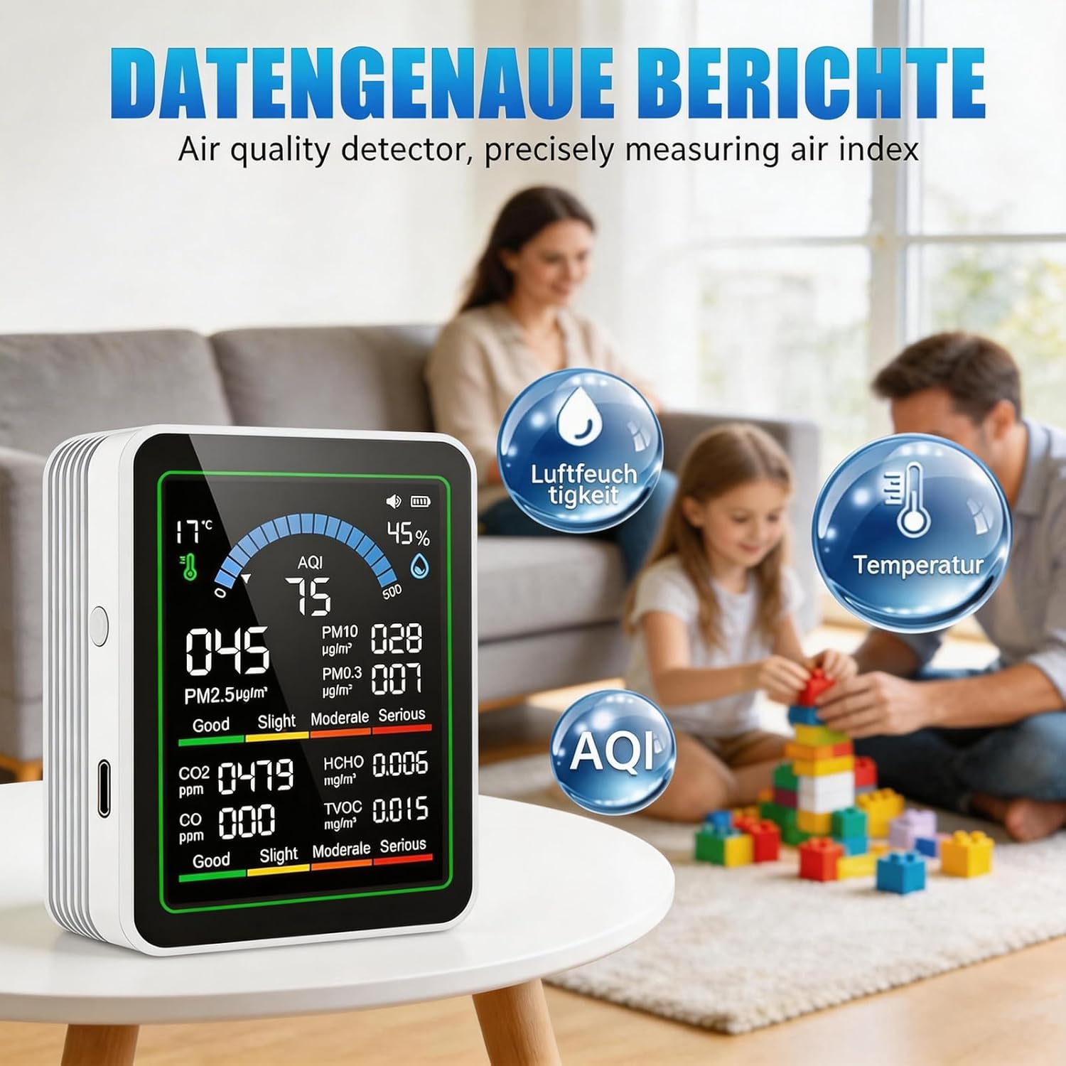 10-in-1 Luftqualitätsmonitor mit Farbdisplay und 4-Farben-Alarm,Messung von CO₂, PM1.0/PM2.5/PM10,HCHO,Temperatur & Luftfeuchtigkeit.Luftüberwachungsgerät mit Typ-C für Zuhause,Büro. (Weiß) – Bild 5