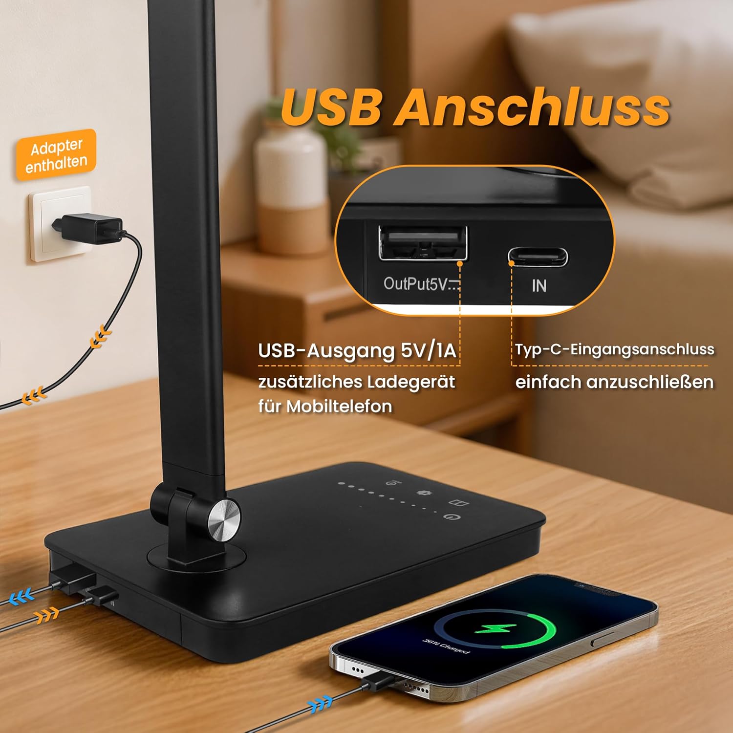 Akynite 42 LED-Schreibtischlampe, dimmbarer USB-Anschluss, 2A-Adapter im Lieferumfang enthalten, 5 Farben, 10 Helligkeiten, Leselampe, Schreibtisch, faltbare Lampe Touch mit Timer, Leselampe für Kinder, Schwarz – Bild 4