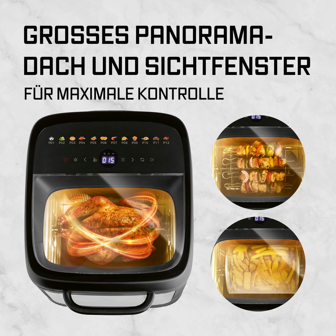 GOURMETmaxx Heißluftofen mit Panoramadach und Frontfenster 12,5 L | Heißluftfritteuse mit 9 Funktionen | Heißluftfritteuse und Minibackofen in 1 | für max. 8 Personen | Heißluftfritteuse mit Farbsymbolen – Bild 5