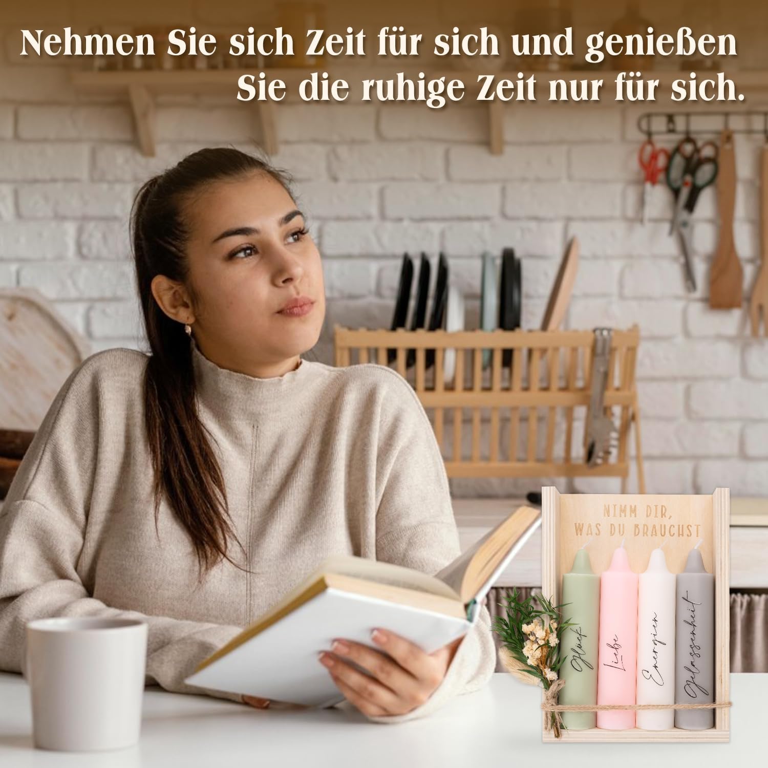 Nimm dir was du brauchst Kerzen, Geschenke für Freundin zum Geburtstag, perfektes Kerzen-Geschenkset mit Kerzenhalter, Trockenblumen, Holzkiste, Holzverpackung, Geschenkidee für Schwester und Freundin – Bild 6