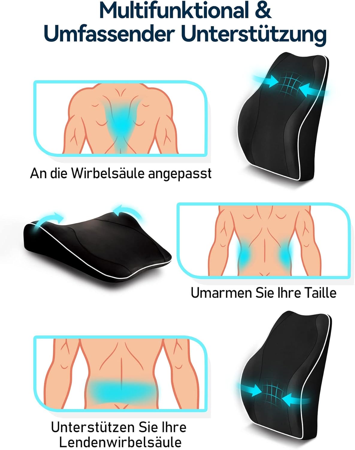 Travel Ease Ergonomisches Memory Foam Rückenkissen, Lendenkissen für Bürostuhl, Schreibtischstuhl, mit antistatischem, hautfreundlichem Bezug und für eine bequeme Sitzhaltung (Schwarz) – Bild 4