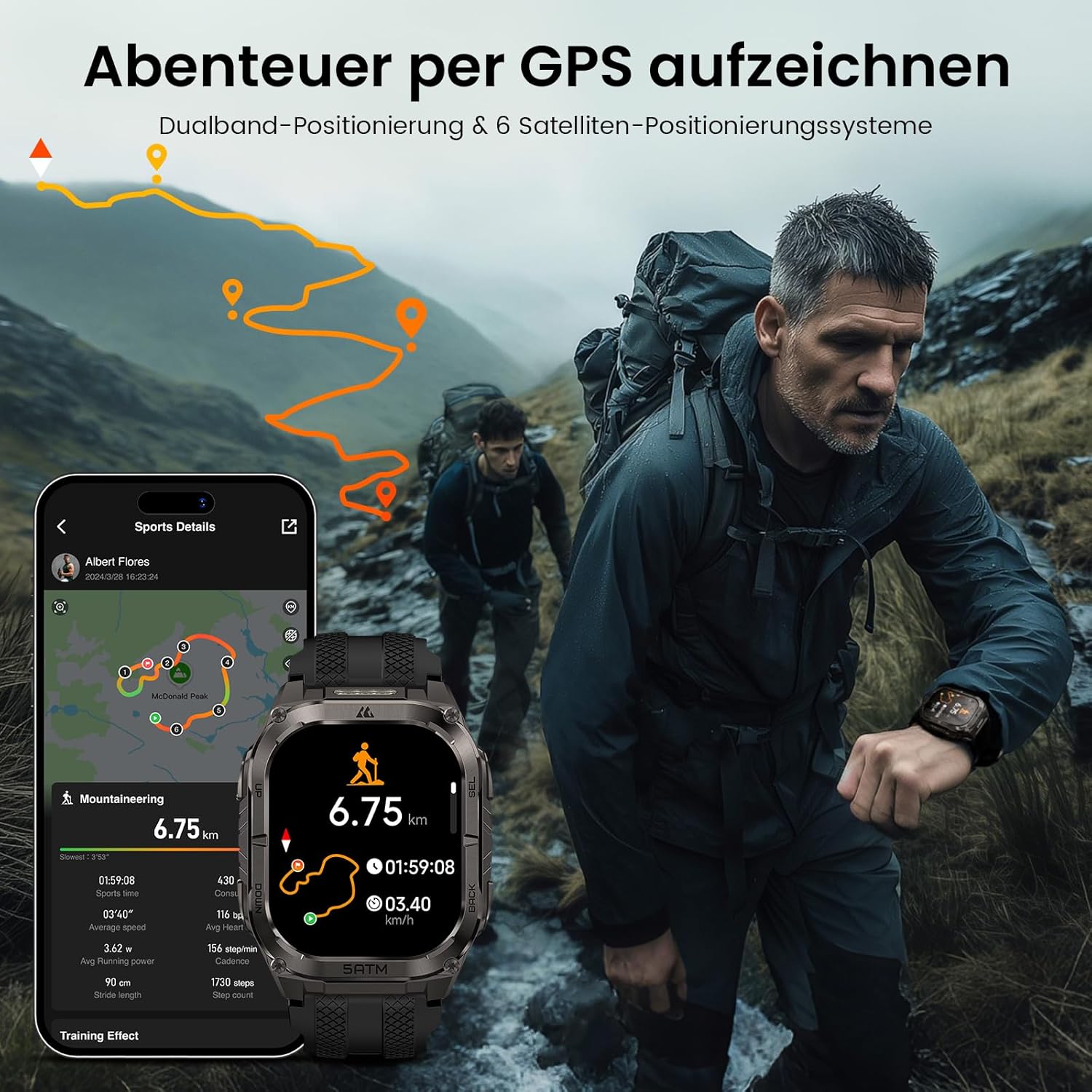KOSPET Tank M4C Herren-Smartwatch mit LED, 1,96 Zoll AMOLED, Dualband-GPS & Kompass, ultralange Akkulaufzeit, 24/7 Herzfrequenz- & Schlaf-Tracking, 50 m wasserdicht, Bluetooth, Android & iOS (Schwarz) – Bild 5