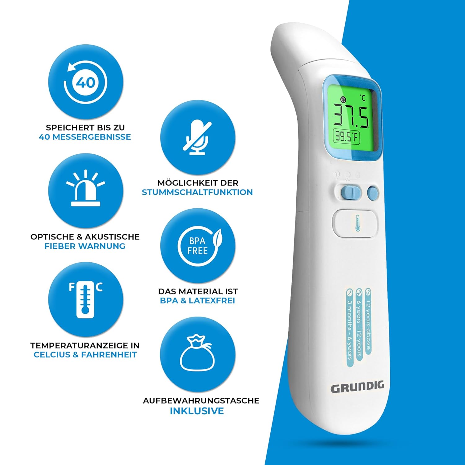 GRUNDIG Fieberthermometer Testsieger – Keine Folgekosten – Thermometer für Babys, Kinder, Erwachsene – Hochpräzises kontaktloses und digitales Fieber an Ohr, Stirn und Gegenständen (ohne Batterien) – Bild 2