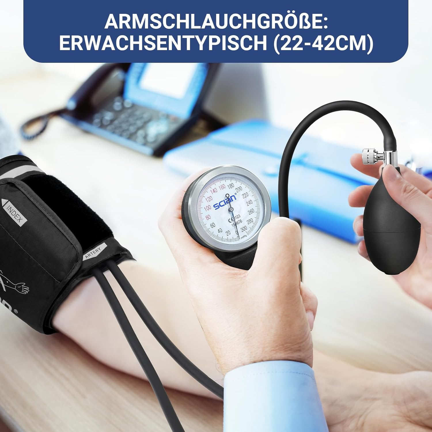 SCIAN Manuelles Blutdruckmessgerät mit europäischer Blutdruckmanschette (22–42 cm) und D-Ring – inklusive Tragetasche für Krankenschwestern, Ärzte, Senioren, Erwachsene – Schwarz – Bild 4