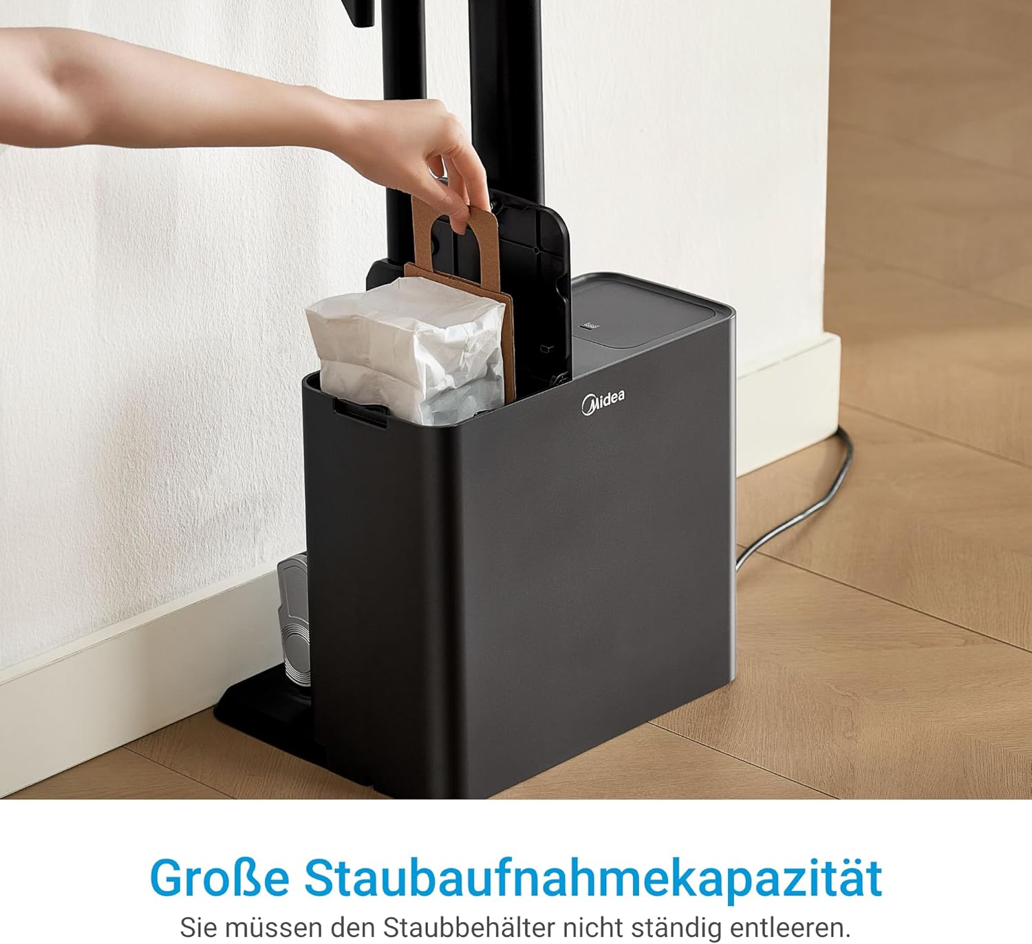 Midea Akku-Staubsauger mit Saugstation, 350 W, bis zu 60 Minuten Laufzeit, selbstentleerende Anti-Tangle-Bürste, LED-Düse, HEPA-Filter, für Allergiker geeignet, austauschbarer Akku, kabellos, schwarz – Bild 10