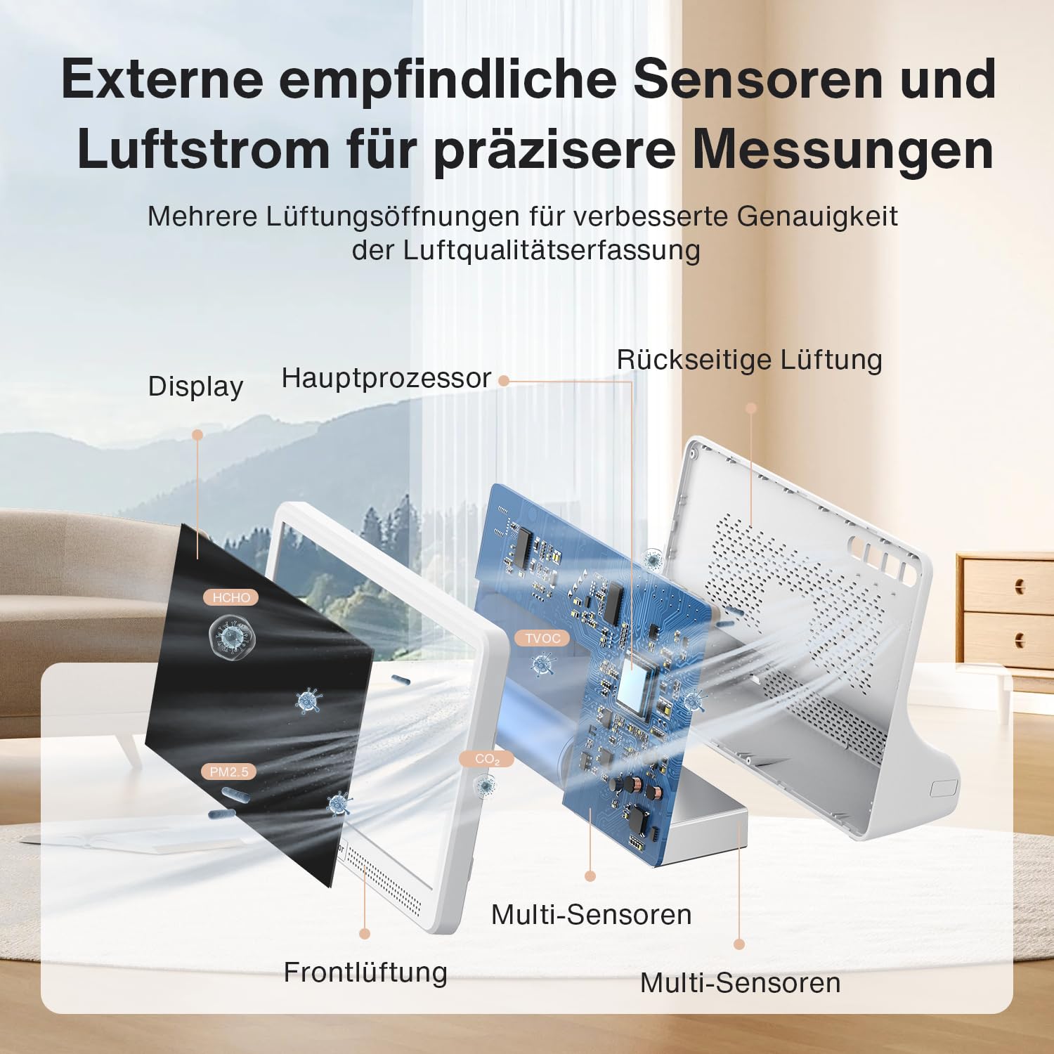 bonoch 16-in-1 Luftqualitätsmessgerät, Luftmessgerät, 9 AQI + 7 AQI-Warnungen, Luftqualitätsmonitor für CO2, TVOC, PM2,5, PM1,0, PM10, HCHO, Temperatur, Luftfeuchtigkeit, AQI und Zeit, Luftqualitätsmonitor – Bild 3