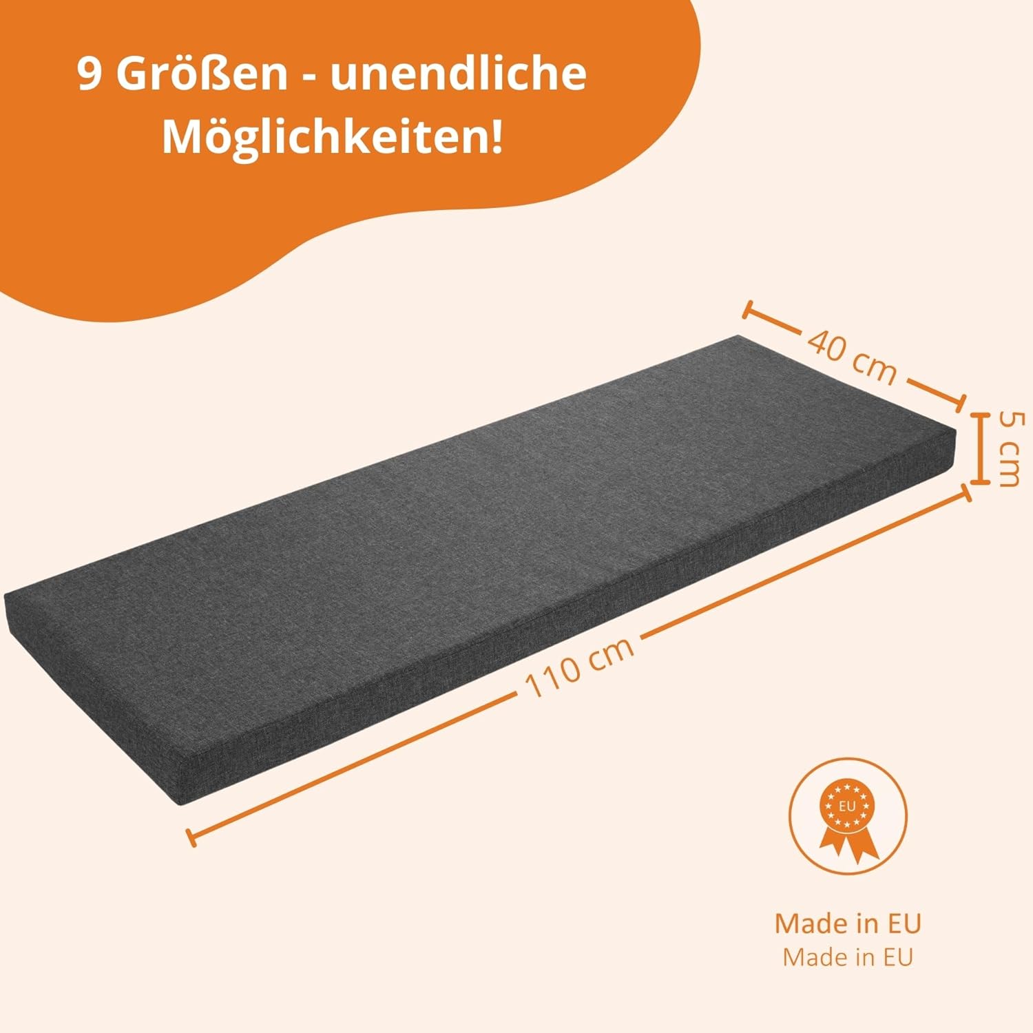 sleepling Bankauflage, Dunkelgrau, 110 x 40 cm, Bankauflage, Sitzkissen für Fensterbank, waschbarer Bezug, rutschfeste Unterseite, hergestellt in der EU – Bild 5